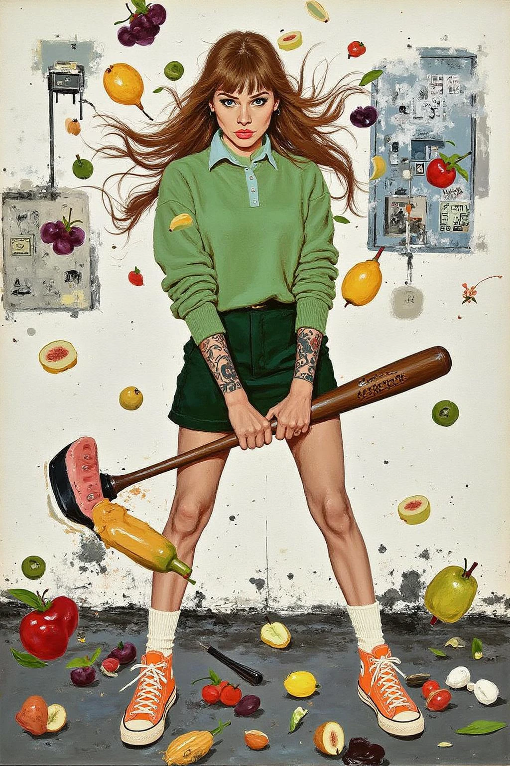 kard1 illustration. 
liquid splash, cartoonish juicy fruits chaos, dynamic pose, dynamic camera, a fashion shoot, an illustration of a woman threateningly holding a baseball bat in her hands, full body tattoo, wearing green short sweater, miniskirt, knee socks, orange sneakers, aggressive facial expression, wall with graffiti in the background. <lora:kard1_cap_d6a3:1.0><lora:816558727332226070:0>