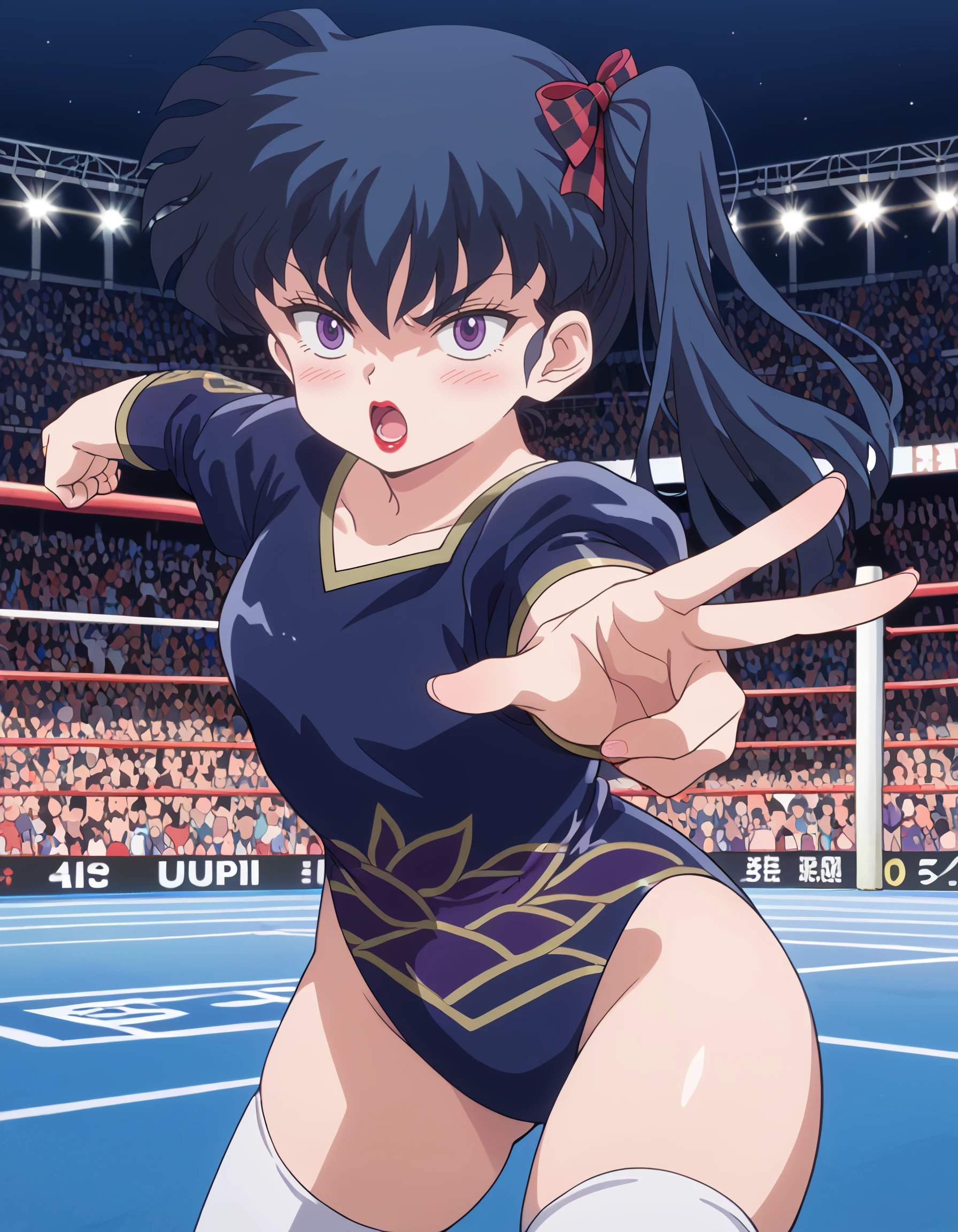 <lora:kodachi_kunou_pony:1> score_9, score_8_up, score_7_up, source_anime, rating:safe, kodachi_kunou, long_hair, black_hair, side_ponytail, hair_ribbon, purple_eyes, makeup, lipstick, red_lips, blue_leotard, 1girl, :o, back_bow, black_bow, blush, bow, checkered_bow, cowboy_shot, fighting_stance, foreshortening, hands_up, looking_at_viewer, open_mouth, sidelocks, solo, standing, standing_on_one_leg, tareme, thick_thighs, thighhighs, thighs, v-shaped_eyebrows, white_thighhighs,, (tsuruse:0.8, nori_tamago:0.8), (1990s_\(style\), masterpiece, detailed, best_quality