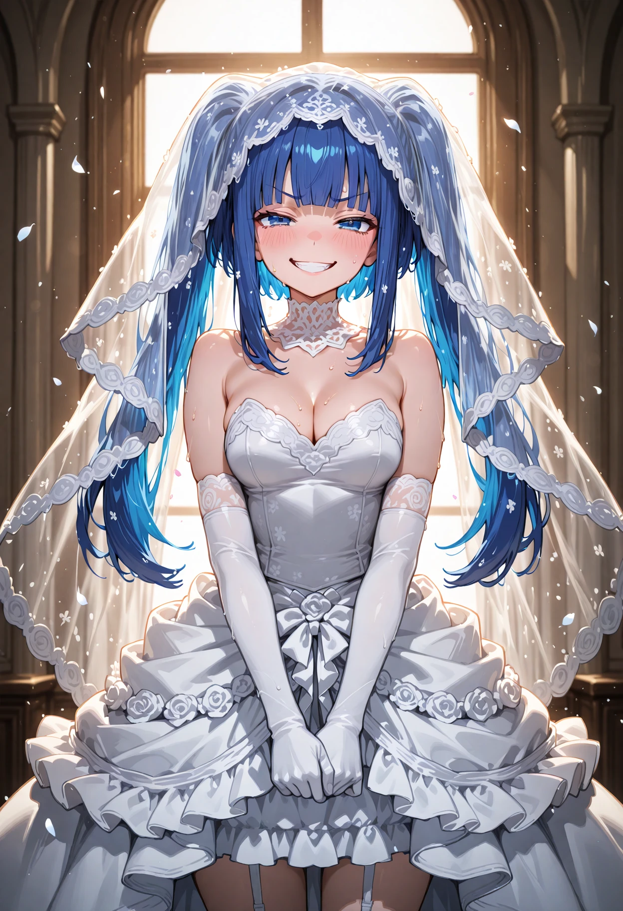 <lora:Furudo_Erika_v2:0.85>, <lora:SDXL_HandFineTuning_XL:0.4>, <lora:for_illust_spo_sdxl_10ep_4k-data_lora_webui:0.7>, <lora:for_illust_GBF_Illustrious:0.4>, <lora:for_illust_ponyv5_noobV065S_1_adamW-000013:0.2>, <lora:for_illust_748cmSDXL:0.3>, <lora:warm light style v2:0.4>, perfect quality, best quality, absolutely eye-catching, cinematic, (masterpiece), (ultra-detailed), Soft lighting, very aesthetic, illustration, perfect composition, portrait, cowboy shot, ultra detailed face, detailed eyes, 1girl, cleavage, (wedding dress:1.5), bride, (bridal veil:1.2), white dress, white gloves, elbow gloves, veil, furudo erika, looking at viewer, evil grin, frills, blue hair, blue eyes, twintails