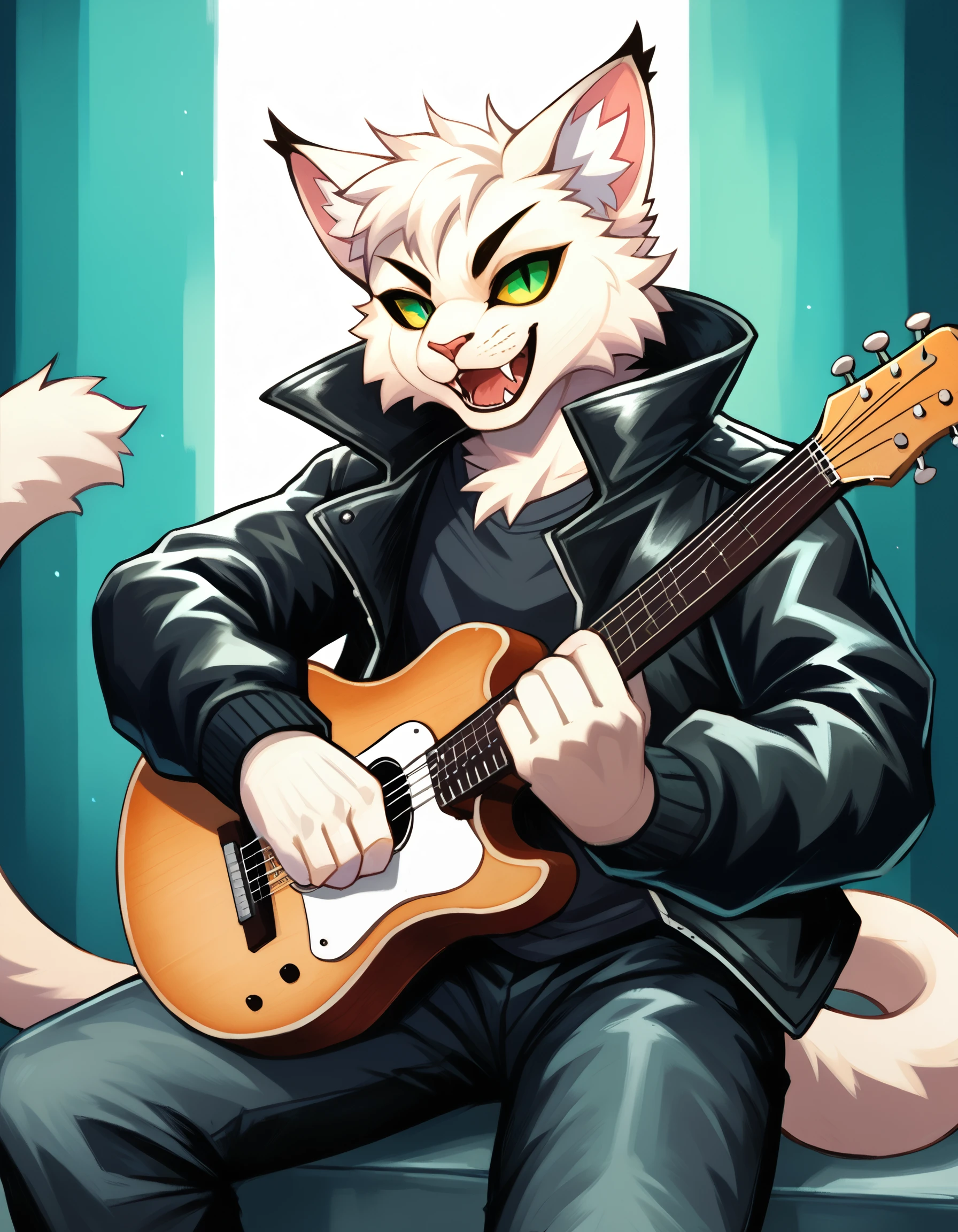 score_9, score_8_up, score_7_up, high quality, hires, by plive, furry, anthro, seductive, looking at viewer, detailed background, <lora:Plive_Artist_Style.safetensors:1.2>, (close up, musical instrument, string instrument, guitar, plucked string instrument, anthro, mammal, solo, instrument, clothing, feline, inner ear fluff, felid, leather clothing, furry, felis, green eyes, domestic cat, leather jacket, leather, 1boy, open mouth, holding, holding instrument, jacket, topwear, cat ears, tuft, fur, animal ears, pants, music, bottomwear, male focus, playing music, black jacket, playing instrument, hi res, fangs, cat tail, furry male, black pants, tail, leather topwear, cheek tuft, facial tuft, leather bottomwear, clothed, fingers, cat boy, smile, colored sclera, electric guitar, slit pupils, signature, long sleeves)