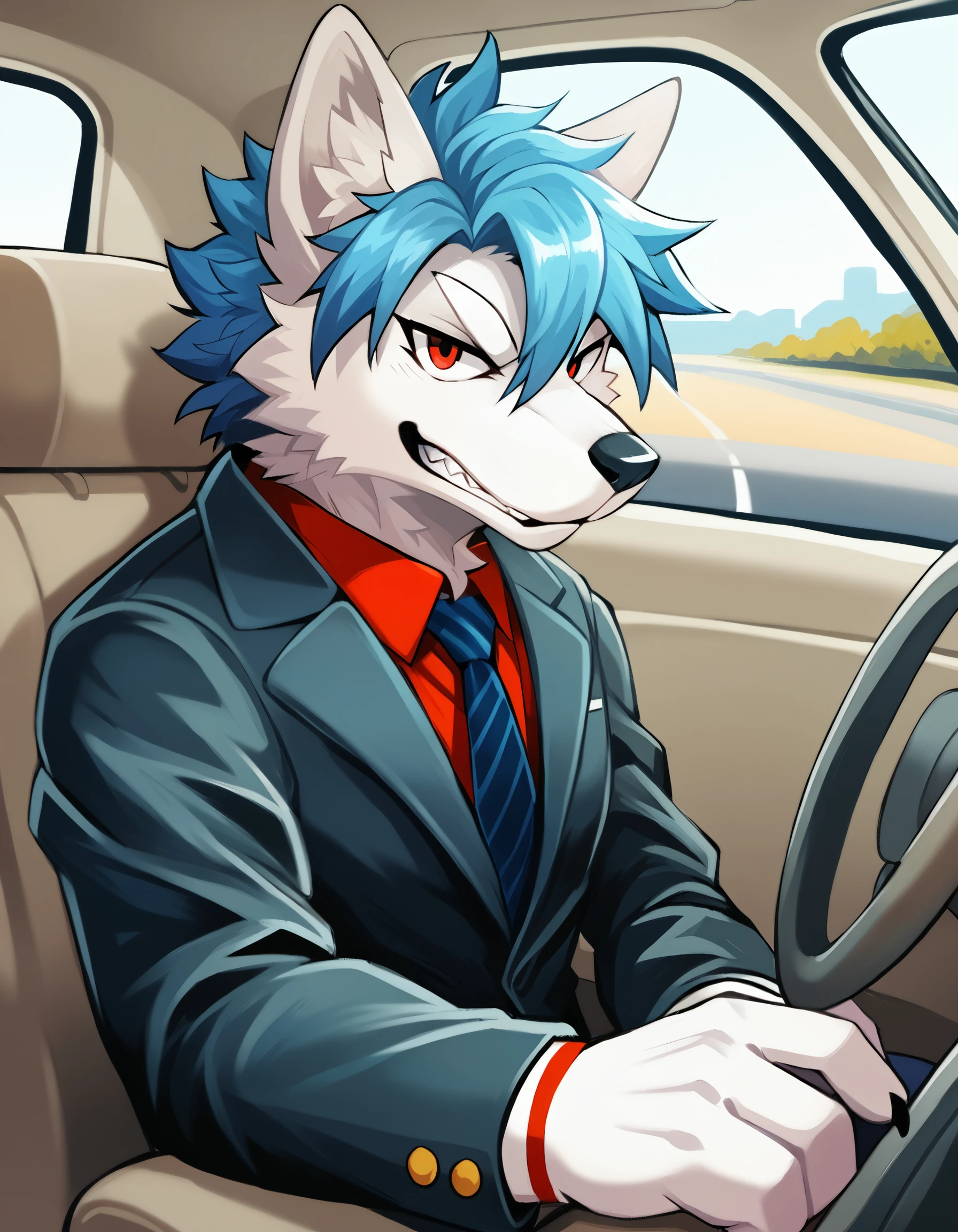 score_9, score_8_up, score_7_up, source_furry, high quality, hires, by plive, furry, anthro, seductive, looking at viewer, detailed background, <lora:Plive_Artist_Style.safetensors:1.2>, (close up, anthro, 1boy, solo, male focus, vehicle, furry, mammal, furry male, car, driving, male, clothing, animal ears, angiewolf, steering wheel, car interior, canid, hair, canine, red eyes, blue hair, wolf boy, fur, necktie, white fur, hi res, white body, suit, canis, holding, shirt, jacket, wolf ears, formal, sitting, clenched teeth, from side, motor vehicle, short hair, collared shirt:1.1)