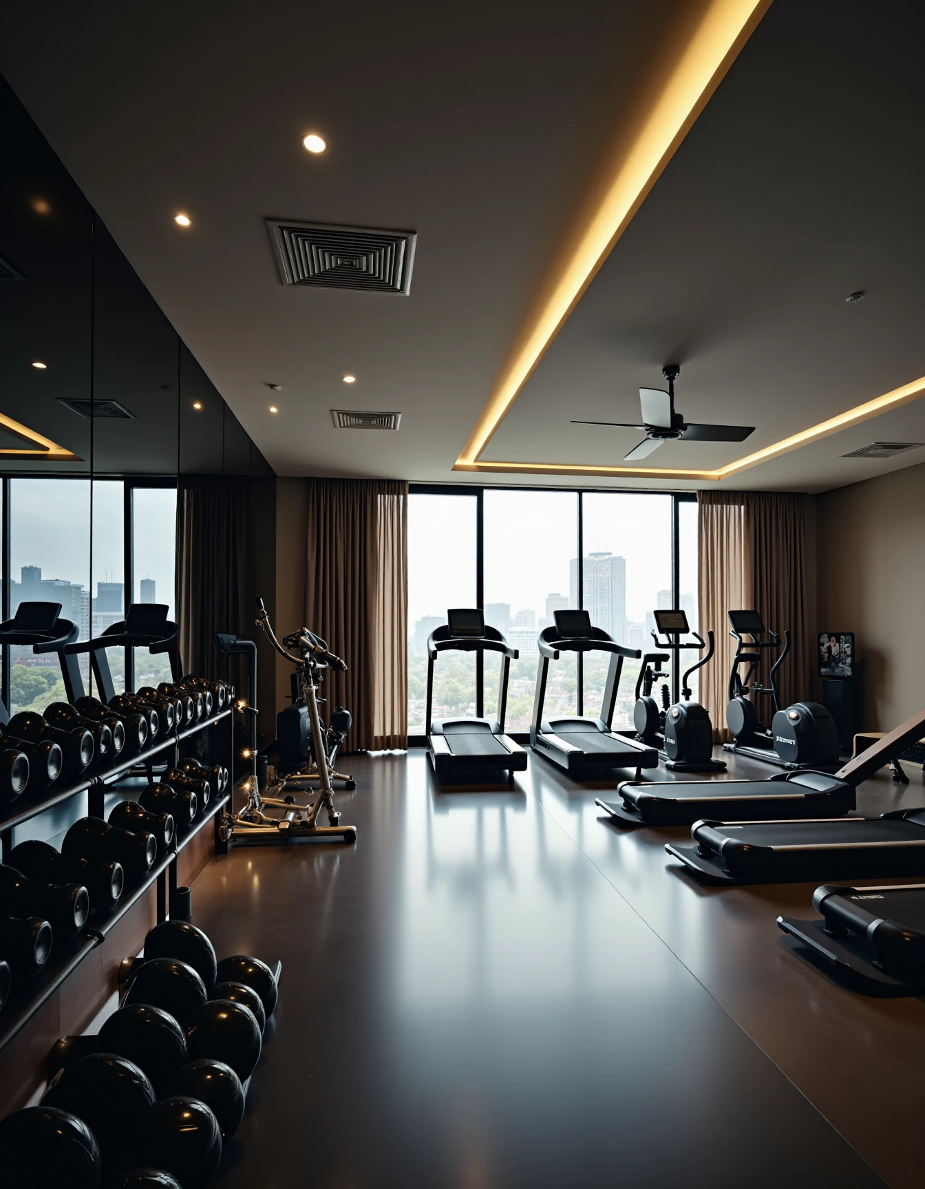<lora:JJsGym_Flux:1> ,(gym)),indoors, (instruments), scenery, ceiling light,soft lighting, no humans, scenery, curtain, window, mirror, reflection floor,, architecture photography, striking structures, clean lines, geometric shapes, dramatic angles, play of light and shadow, capturing architectural details, showcasing design elements, evoking mood, professional lighting, precise compositions, emphasizing scale and proportion, creating depth, architectural storytelling, capturing iconic landmarks, immersive experience