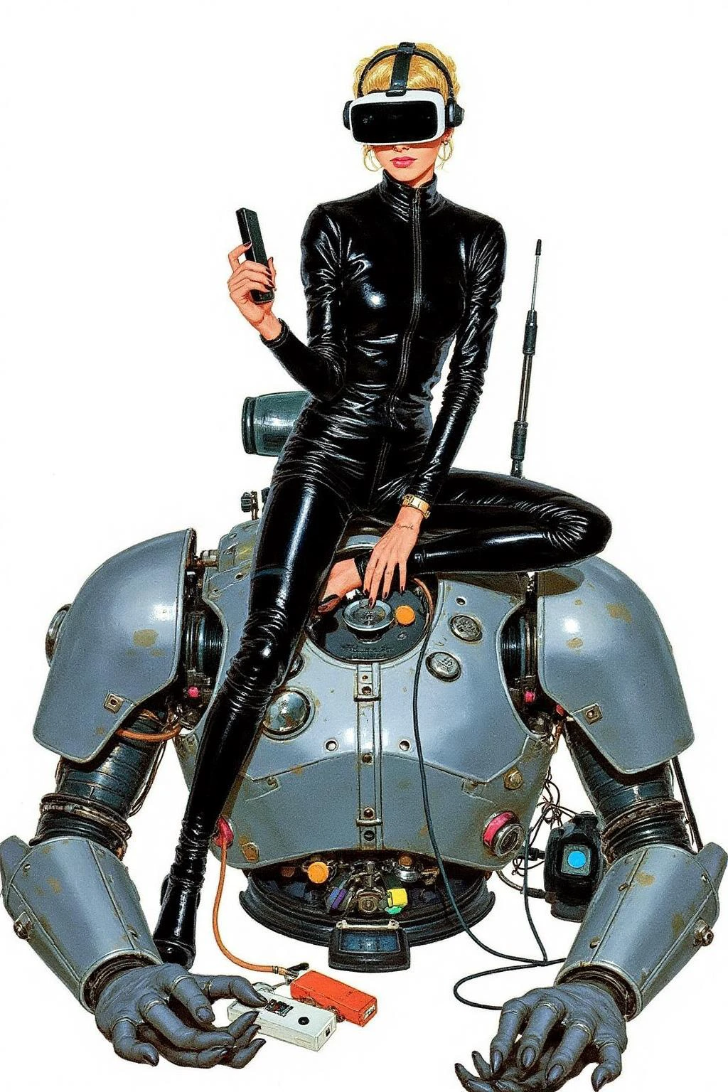 kard1 illustration. 
A striking, futuristic scene depicts a woman dressed in sleek, form-fitting leather attire, sitting confidently atop an open power suit, inspired by the cyberpunk aesthetics of Masamune Shirow. The power suit, a blend of advanced technology and military-grade armor, features intricate mechanical details, exposed wiring, and a robust, yet streamlined design. The woman, wearing a cutting-edge VR headset, exudes a sense of control and mastery over the machine beneath her. Her posture is relaxed yet commanding, with one hand resting on the suit's metallic surface and the other casually holding a piece of advanced tech. <lora:kard1_cap_d6a3:1.0><lora:816557438842016116:0>