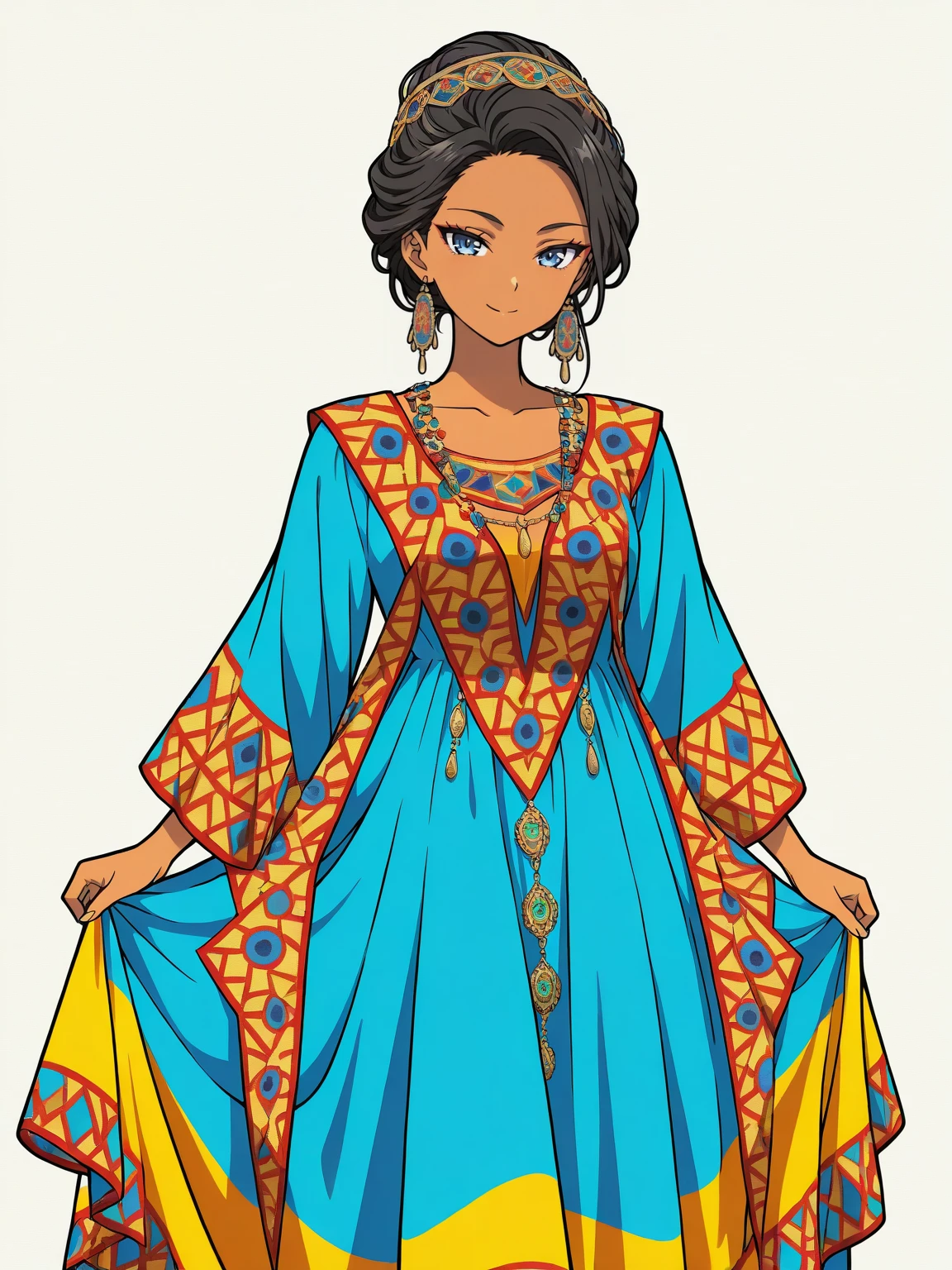 masterpiece, best quality,vector art,edgMeso, edgMeso, a woman in a dress with colorful designs ,wearing edgMeso clothing,jewelry,smile,tsurime,double eyelids,
<lora:edgMesopotamianFashionILS:1>