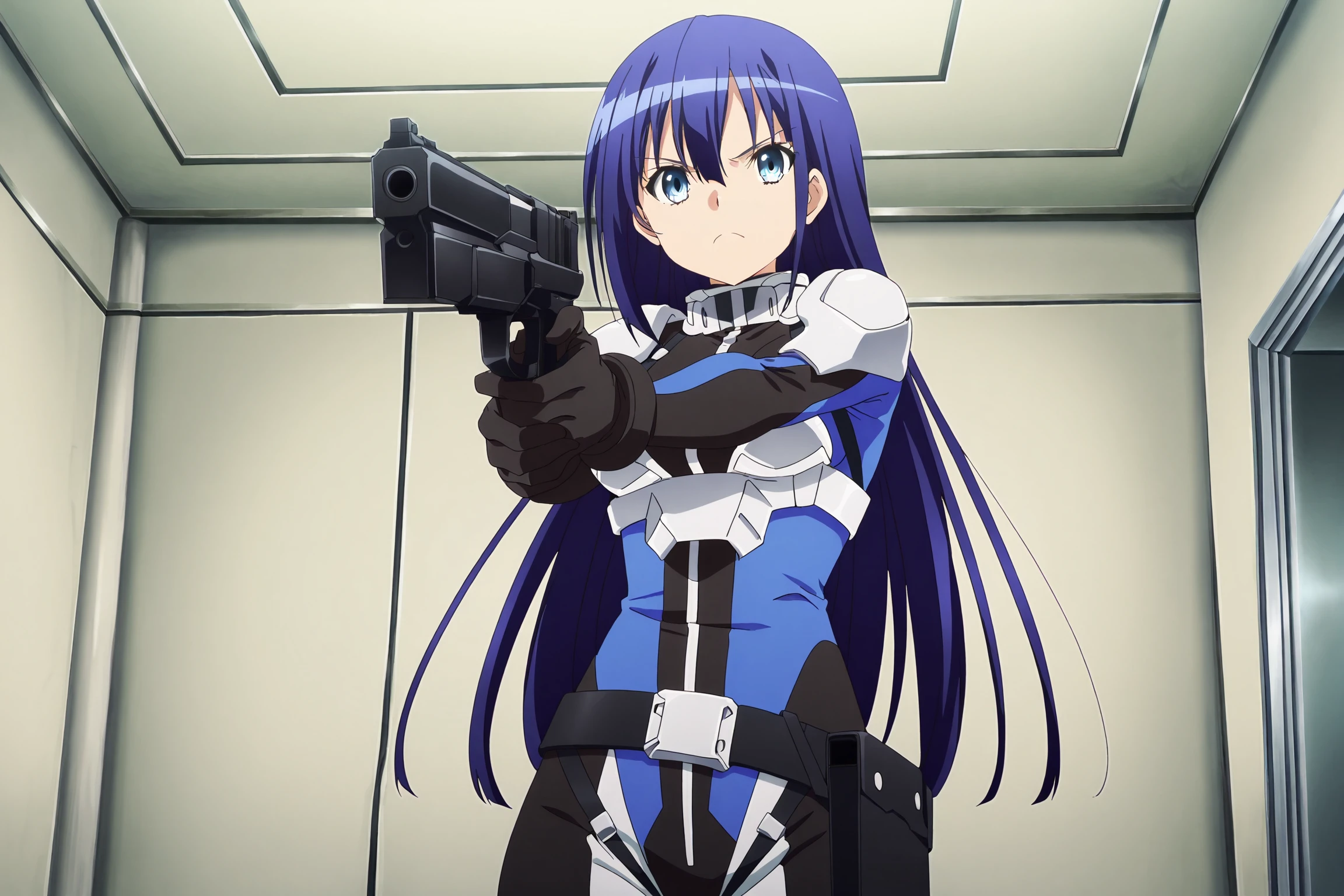 anime coloring, anime screencap, masterpiece, best quality,
inside,
<lora:Ayano_Yugiri_Engage_Kiss_-_Illustrious:.7>
Ayano Yugiri, 1girl, weapon, blue hair, long hair, holding weapon, gun, bodysuit, holding gun, gunfire, holding, serious face, blue eyes, pilot suit, solo, handgun, frown, Yuugiri battle suit (outfit), cowboy shot