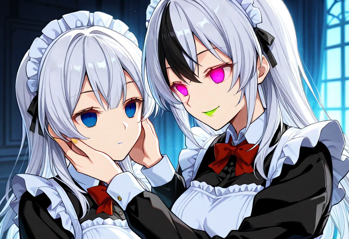 anime, two girls, adult, empty eyes, hypnotized, expressionless, blank expression, lipstick, red lipstick, yellow lipstick, green lipstick, blue lipstick, purple lipstick, pink lipstick, black lipstick, long hair, white hair, black hair, twins, maid outfit, sexy smile, looking at each other, staring at each other, looking into eyes, hands on temples, finger on temples, glowing eyes