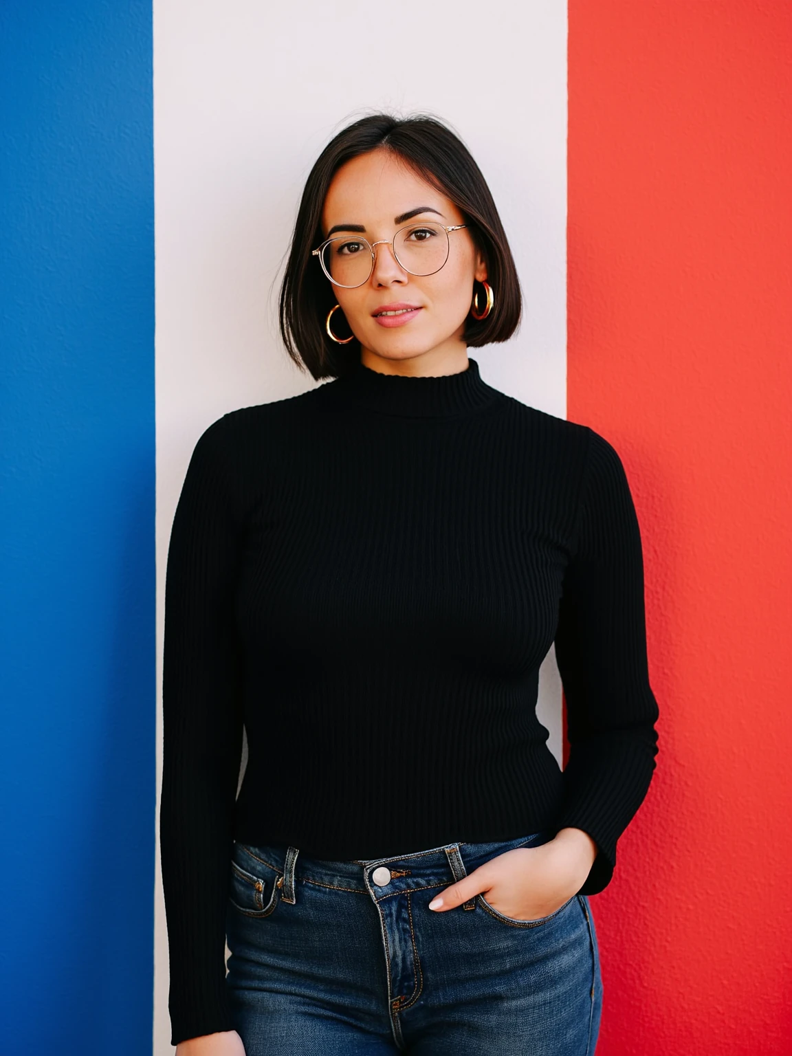 <lora:Agathe-Auproux_flux1Dev_LOREVER:1>
This is a high-resolution professional photography of AgatheAuproux, a woman with glasses, medium brown skin and a stylish black bob haircut. She is wearing a black ribbed sweater, paired with dark jeans. AgatheAuproux has a slender build, is wearing large, round, gold earrings, and has a confident expression. She is positioned front of a painted wall with 3 big vertical stripes  blue on left side, white in center and red on the right side like a big french flag. The lighting appears to be natural, with a slight warm tone, casting soft shadows. The camera angle is straight-on, capturing her from the waist up, and she is centered in the frame. The overall mood is casual and stylish. Perfect exposure and perfect contrasts.