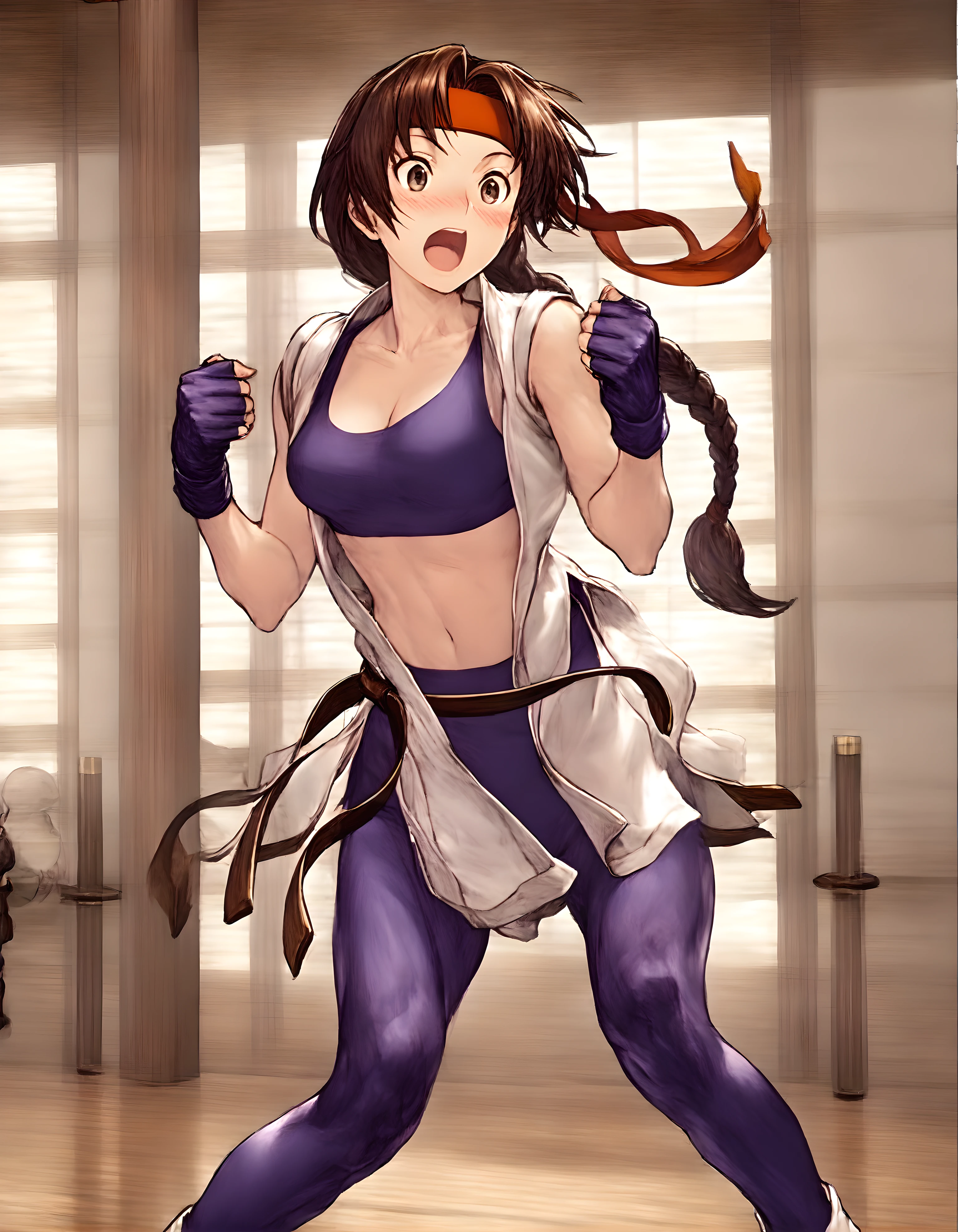 <lora:illustrious_XL_sakazaki:1>,sakazaki,masterpiece,best quality,good quality,1girl,solo,red headband,single braid,dougi,collarbone,sleeveless,fingerless gloves,martial arts belt,spandex,standing,knees_together_feet_apart,day,dojo,cowboy_shot,front view,open road dress,nude,cleavage,navel,sports bra,look at your own breasts,embarrass,surprised look,open mouth,blush,