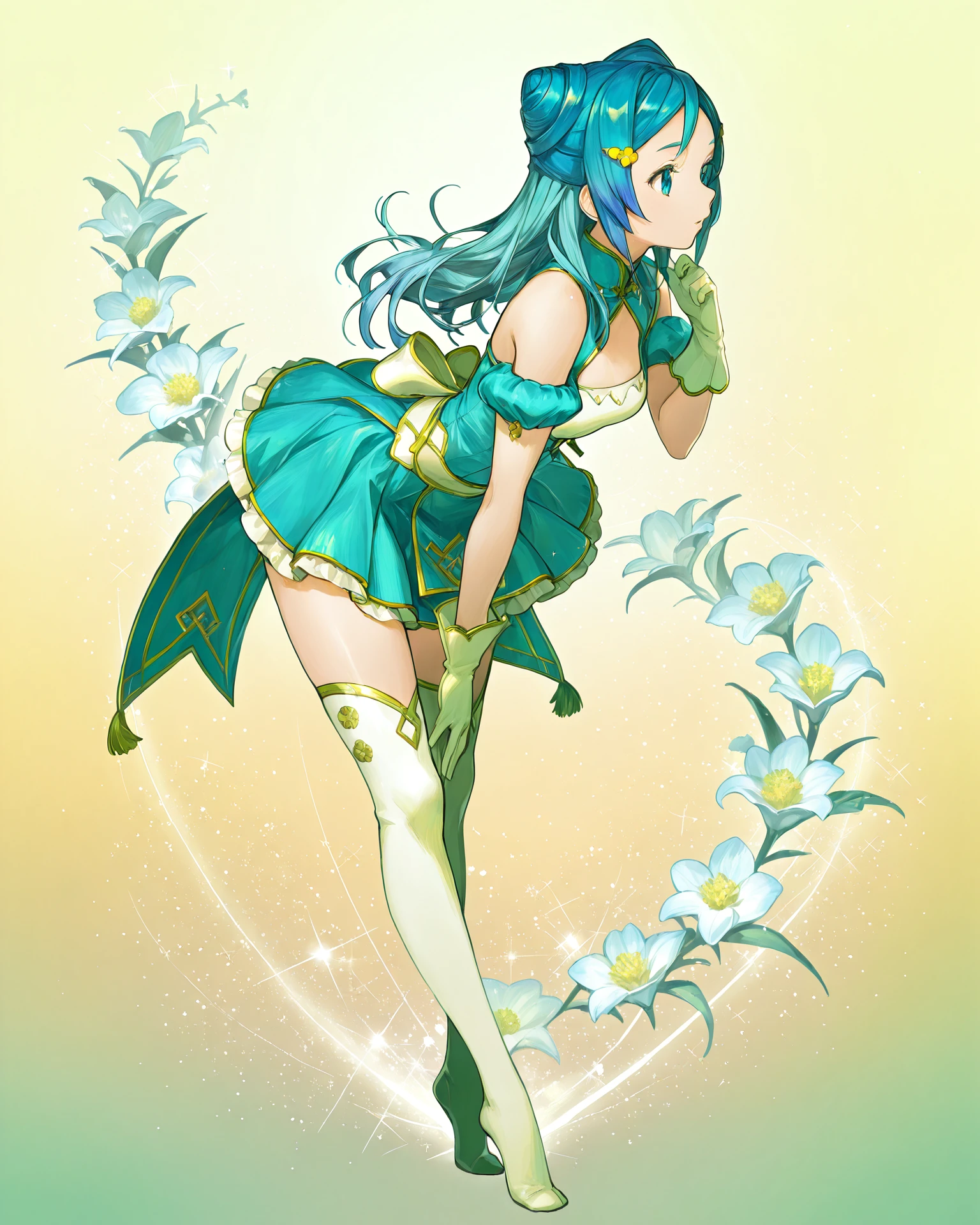 1girl, magal, blue hair, standing on tip-toes, leaning forward, gloves, flowers, hairclips, very detailed clothing, magal clothing, knee-high socks, gradient background, sparkles, jacquard fabric, masterpiece, highest quality, absurdres, digital art, very detailed, <lora:MagicalGirl_Illustrious:1.1>, <lora:GAME_ARTIST_Naoki_Ikushima:1>