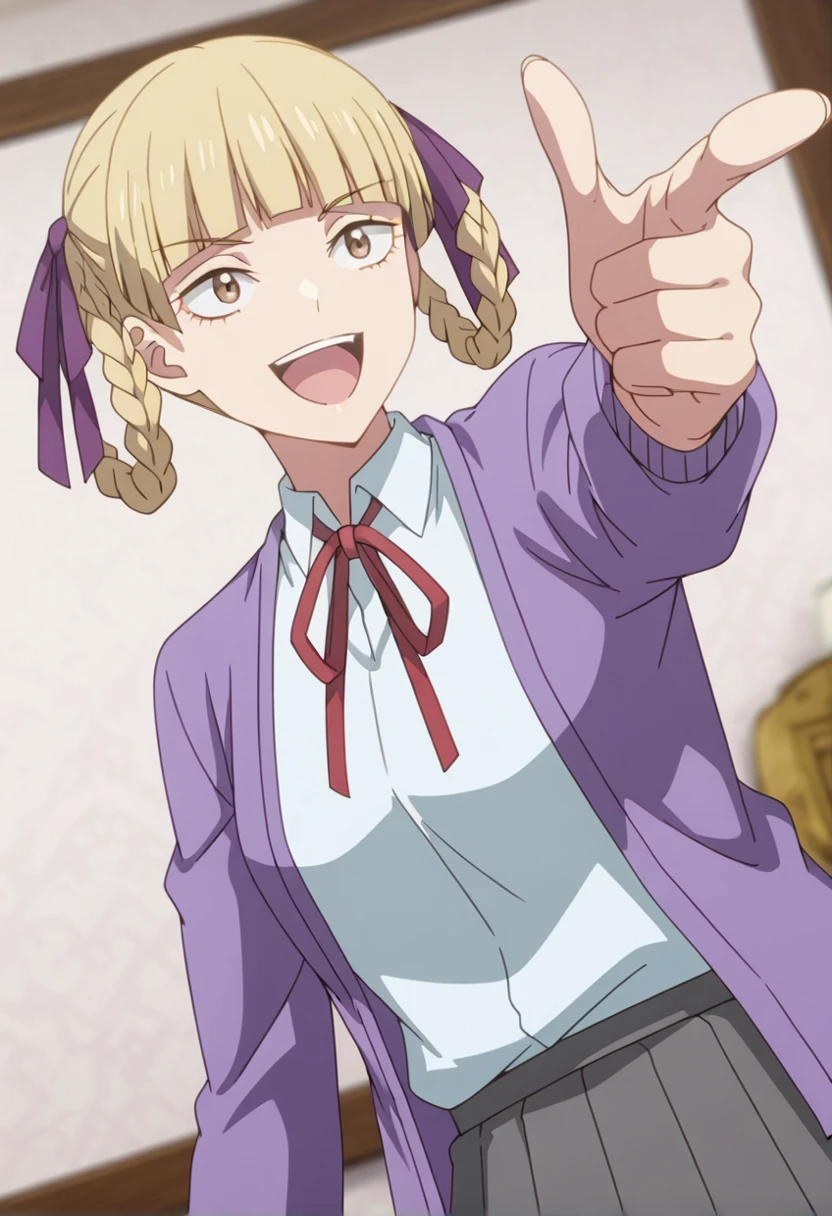 datesimmean, solo, 1girl, white shirt, school uniform, brown eyes, skirt, breasts, blonde hair, purple jacket, smile, :D, happy, finger gun,