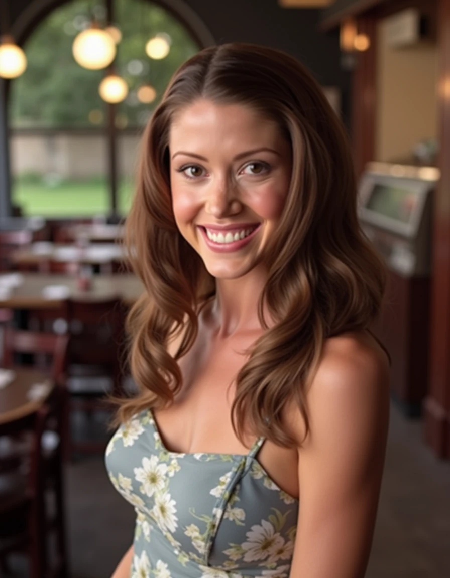 <lora:Shannon_Elizabeth_Flux:1.1> This is a beautiful photograph of a woman, hair cascading over her shoulder. She is wearing a dress. Standing in a cafe. Looking at the viewer. Smile