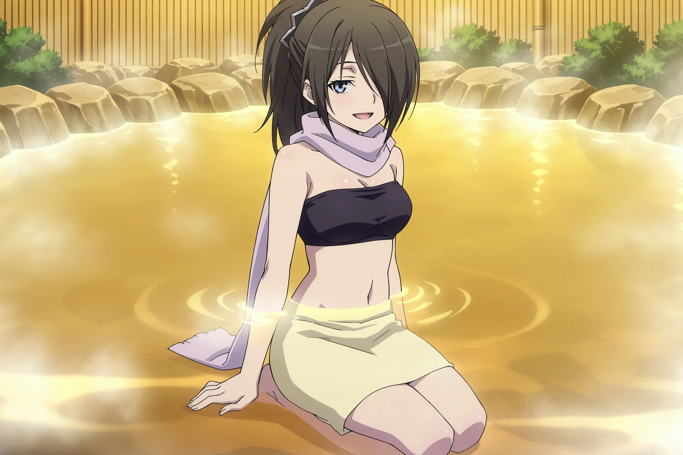 anime coloring, anime screencap, masterpiece, best quality,
outside, in a hot springs,
<lora:Levi_Kazama_Trinity_Seven_-_Illustrious:.7>
girl is 18, mature girl, medium breasts, Levi Kazama (character), 1girl, solo, hair over one eye, scarf, barefoot, smile, midriff, tube top, bandeau, sitting, onsen, black hair, water, open mouth, steam, ponytail, navel, blue eyes, strapless, partially submerged, skirt, long hair, seiza, facing the viewer, looking at the viewer