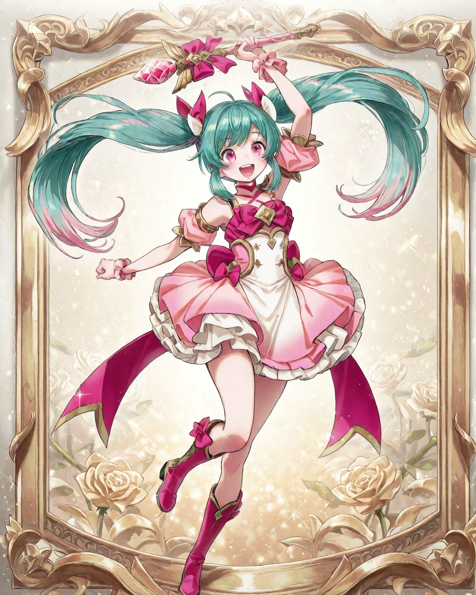 1girl, magal, teal hair, pink streaks in hair, pink eyes, blush, dancing, standing on one leg, holding magal staff, boots, happy, ribbons, very detailed clothing, magal clothing, glittering roses, jacquard fabric, sparkles, detailed frame, masterpiece, highest quality, absurdres, digital art, very detailed,   <lora:MagicalGirl_Illustrious:1.1>,   <lora:40hara_illustrious_v2:1>