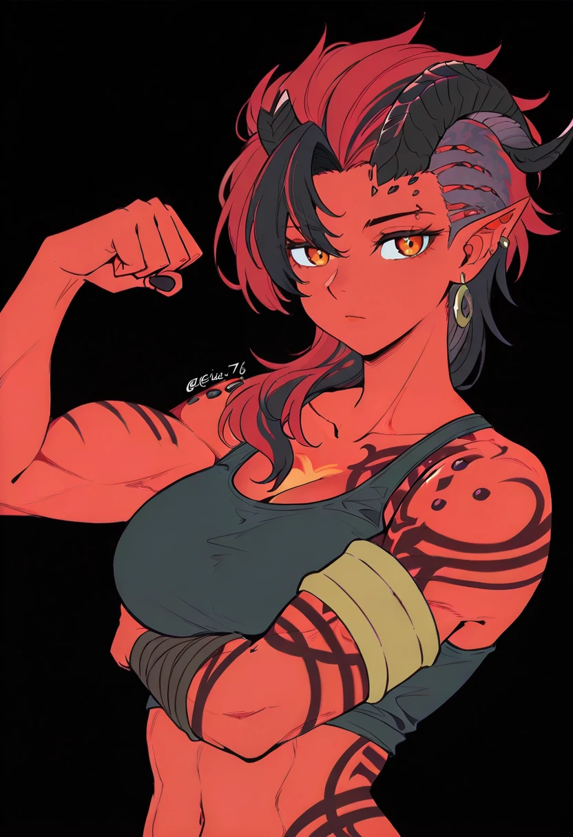 1girl,solo, reia 76, karlach, horns, red skin, pointy ears, earrings, jewelry, multicolored hair, red hair, two-tone hair, orange eyes, flexing,