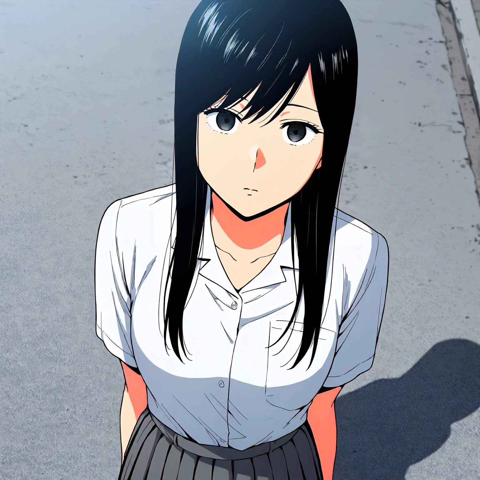 <lora:KZ_iida_rihoXLIllustrious003>,
masterpiece,best quality,good quality,newest,
detailed background,outdoors,
looking at viewer,
from above,
solo,
anime coloring,
iida_riho\(karami_zakari\),1girl,black hair,long hair,black eyes,
white shirt,dress shirt,shirt tucked-out,short sleeves,
gray skirt,pleated skirt,
upper body,