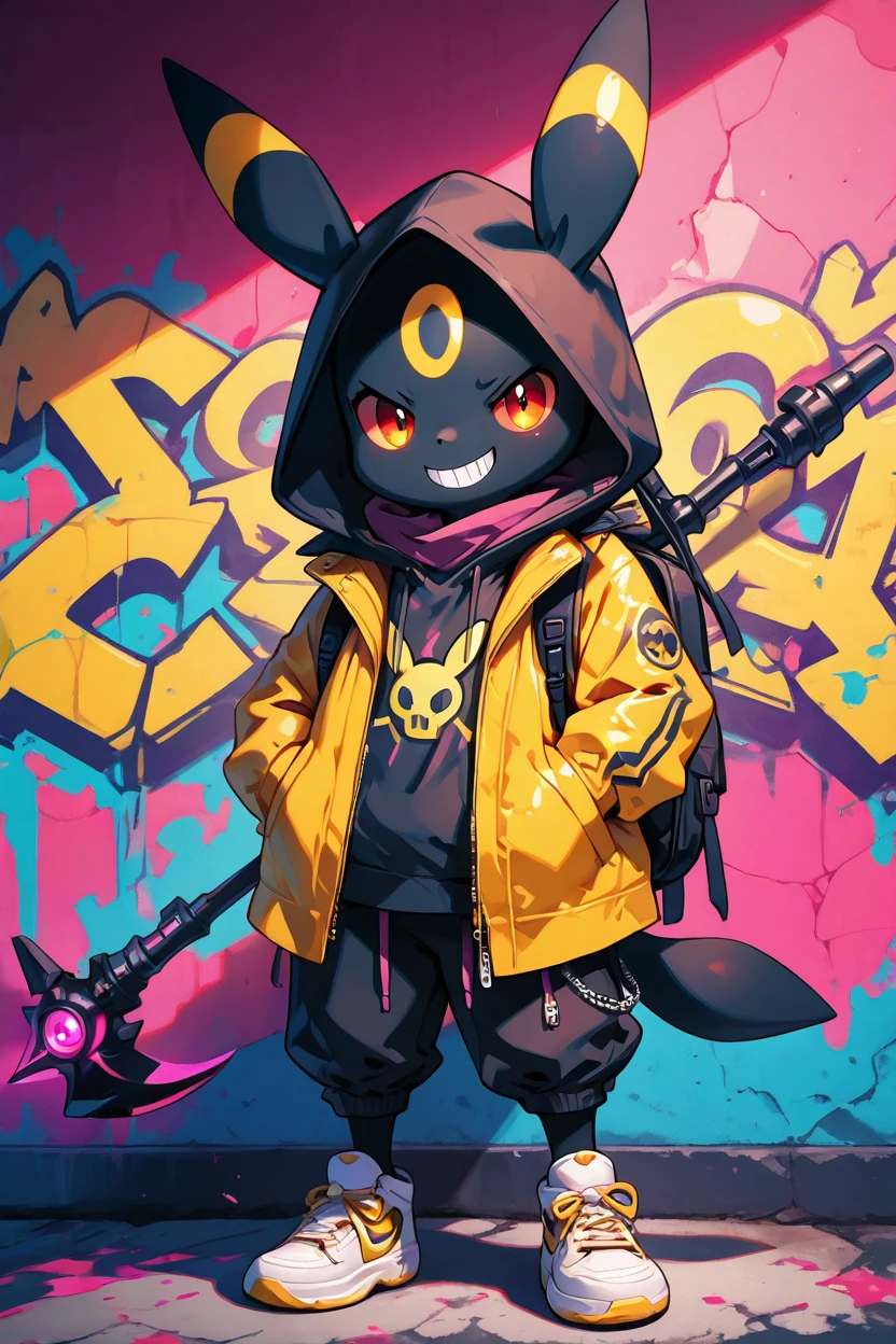 masterpiece, best quality,  solo, looking at viewer, red eyes, long sleeves, standing, gloves, jacket, full body, open clothes, black gloves, pants, hood, grin, no humans, hoodie, sneakers, hooded jacket, hood up, zipper, zipper pull tab, graffiti, neon accents, character print, umbreon, looking at viewer, glowing red eyes, full body, black and yellow jacket, hood up, neon yellow graffiti, glowing accessories      ,<lora:PunkPokemonIXL:1.0>,