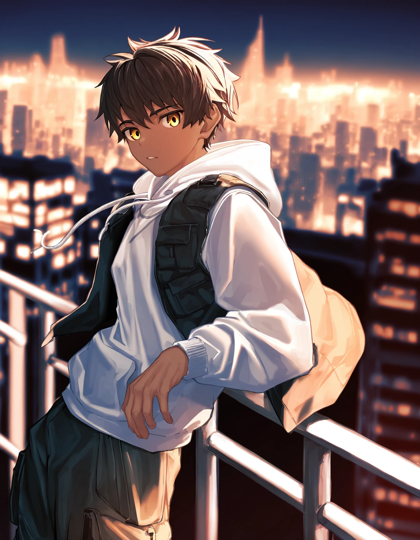 masterpiece, nayoshi-style, science fiction, depth of field, outdoors, cityscape, night, dark 1boy, solo, brown hair, yellow eyes, leaning against railing, wind, dark skin, white hoodie, vest, open vest, cargo pants, looking down at viewer <lora:nayoshi-naixl-v5Nb-ShoAI:1>