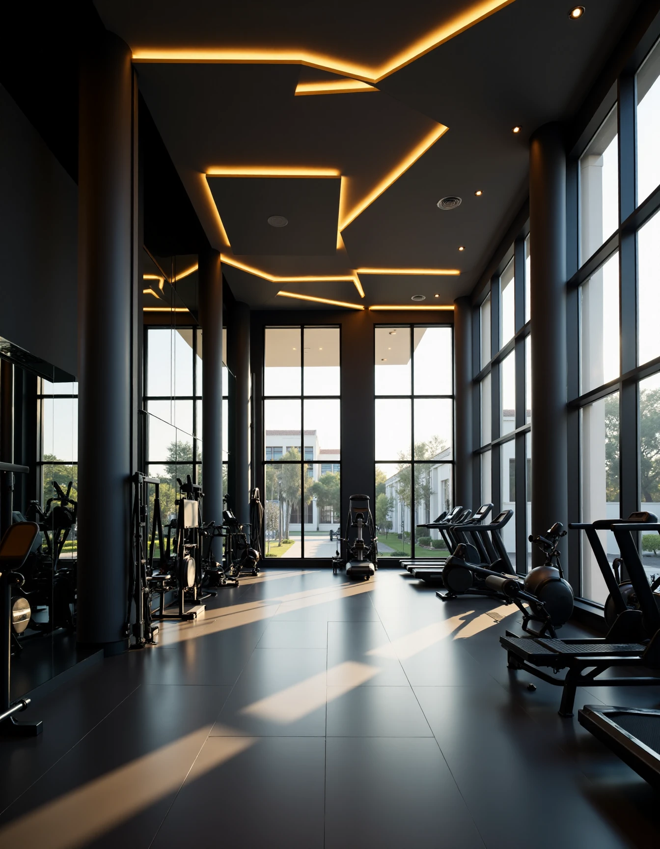 <lora:JJsGym_Flux:1> ,(gym)),indoors, (instruments), scenery, ceiling light,soft lighting, no humans, scenery, curtain, window, mirror, reflection floor,, architecture photography, striking structures, clean lines, geometric shapes, dramatic angles, play of light and shadow, capturing architectural details, showcasing design elements, evoking mood, professional lighting, precise compositions, emphasizing scale and proportion, creating depth, architectural storytelling, capturing iconic landmarks, immersive experience