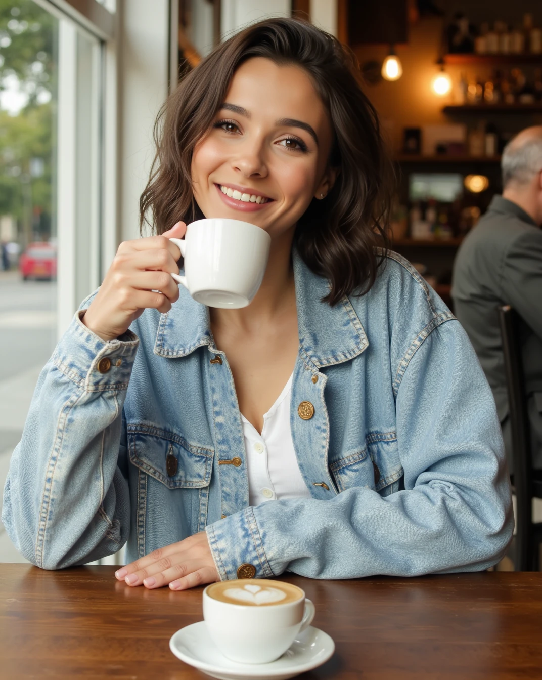 photoshoot of Carla Fernandes, having a great time at cafe, holding a coffee.