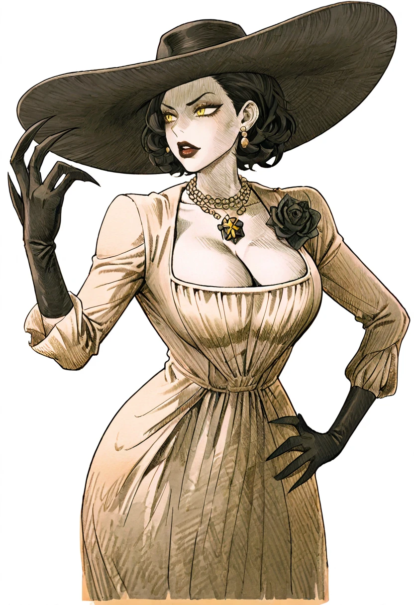mvc2 style, hatching (texture), portrait, cowboy shot, white background, 1girl, alcina dimitrescu, huge claws, claw \(weapon\), one hand up, one hand on own hip, white dress, white skin, colored skin, large breasts, cleavage, sun_hat, wide brim, short hair, black hair, earrings, necklace, jewelry, makeup, re lips, black gloves, black rose, yellow eyes, looking to the side<lora:Marvel_vs._Capcom_2_New_Age_of_Heroes_Style:1>, masterpiece, best_quality, absurdres, perfect quality, high quality,