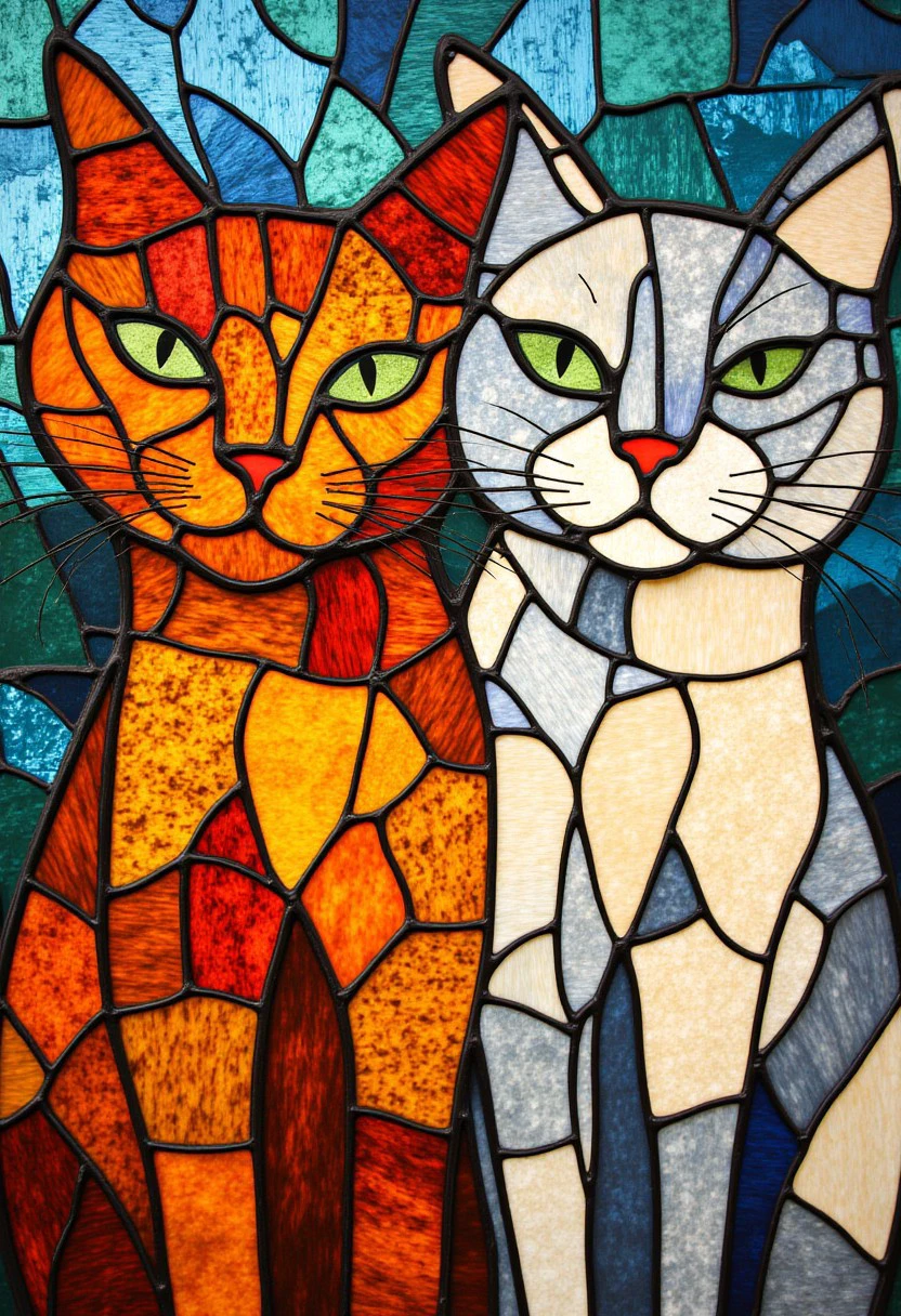 two cats, stained glass style