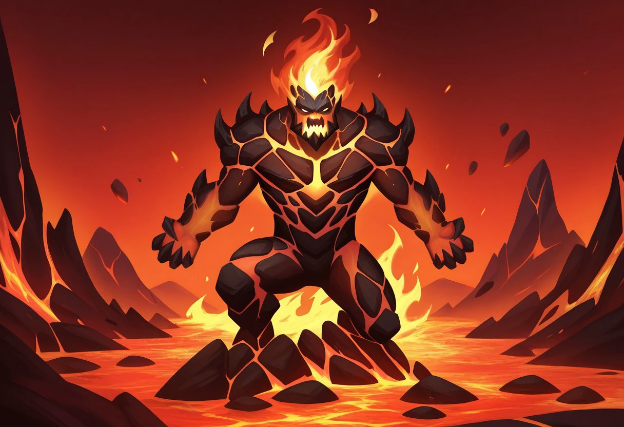 anime, anime style, best quality, masterpiece, 1boy, magma skin, magma, lava, fire hair, fire beard, FireelementalIL, fire(theme), rocks, monster, monster boy, FireelementalIL.V1-male