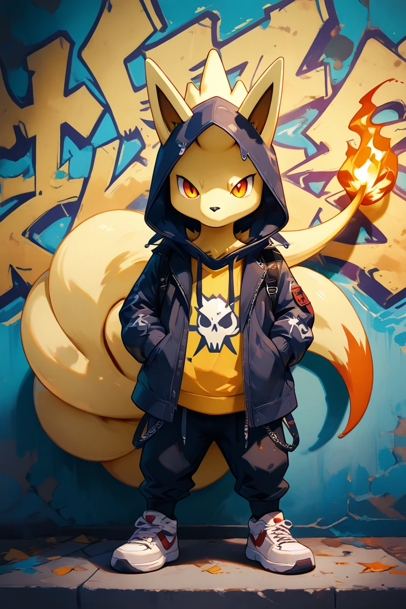 masterpiece, best quality,  zzNinetails, <lora:NinetalesPokedexIXL:1.0>, solo, looking at viewer, glowing amber eyes, long sleeves, standing, jacket, full body, open clothes, hood, no humans, hoodie, sneakers, hooded jacket, hood up, zipper, zipper pull tab, graffiti, flame-tipped tails, elegant pose, fiery glow  ,<lora:PunkPokemonIXL:1.0>,