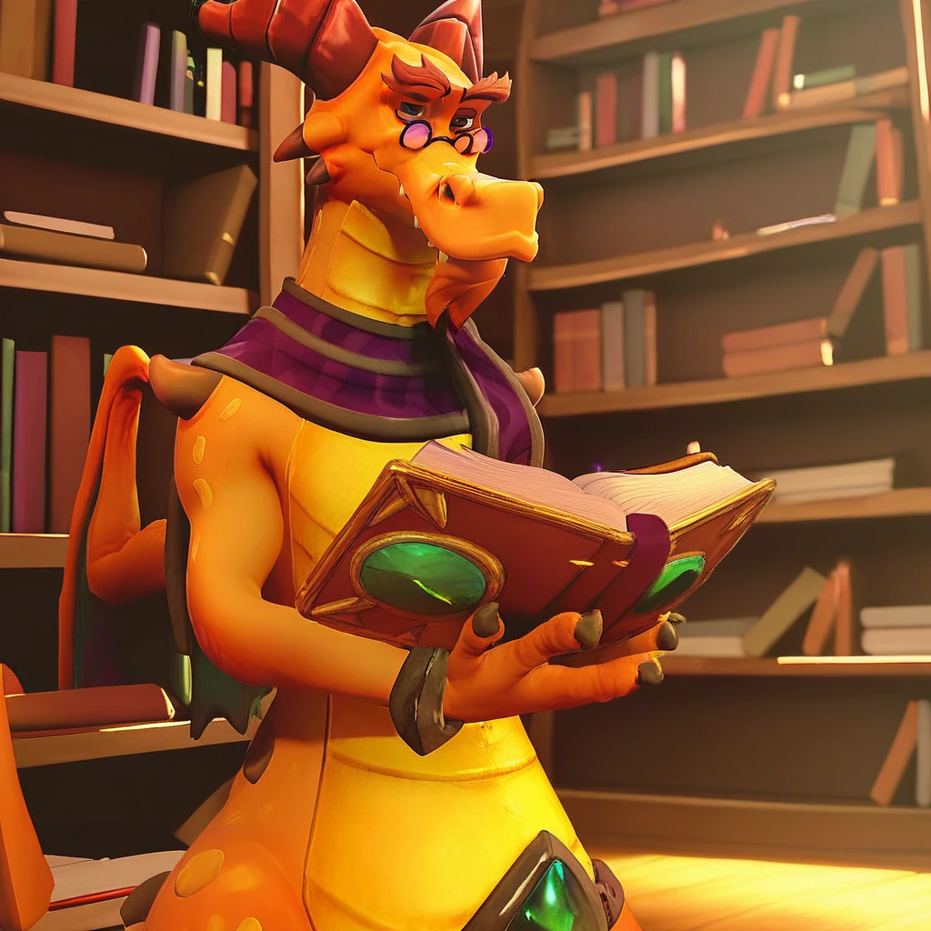 score_9_up, score_8_up, score_7_up, Masterpiece, best quality, high quality, detailed, male, solo male, 1boy, Cedric, anthro, dragon, mature male, horns, orange body, athletic build, blue eyes, bushy eyebrows, yellow underbelly, purple glasses, holding book, indoors, library, half-lidded eyes, smiling, looking at viewer, standing, half body