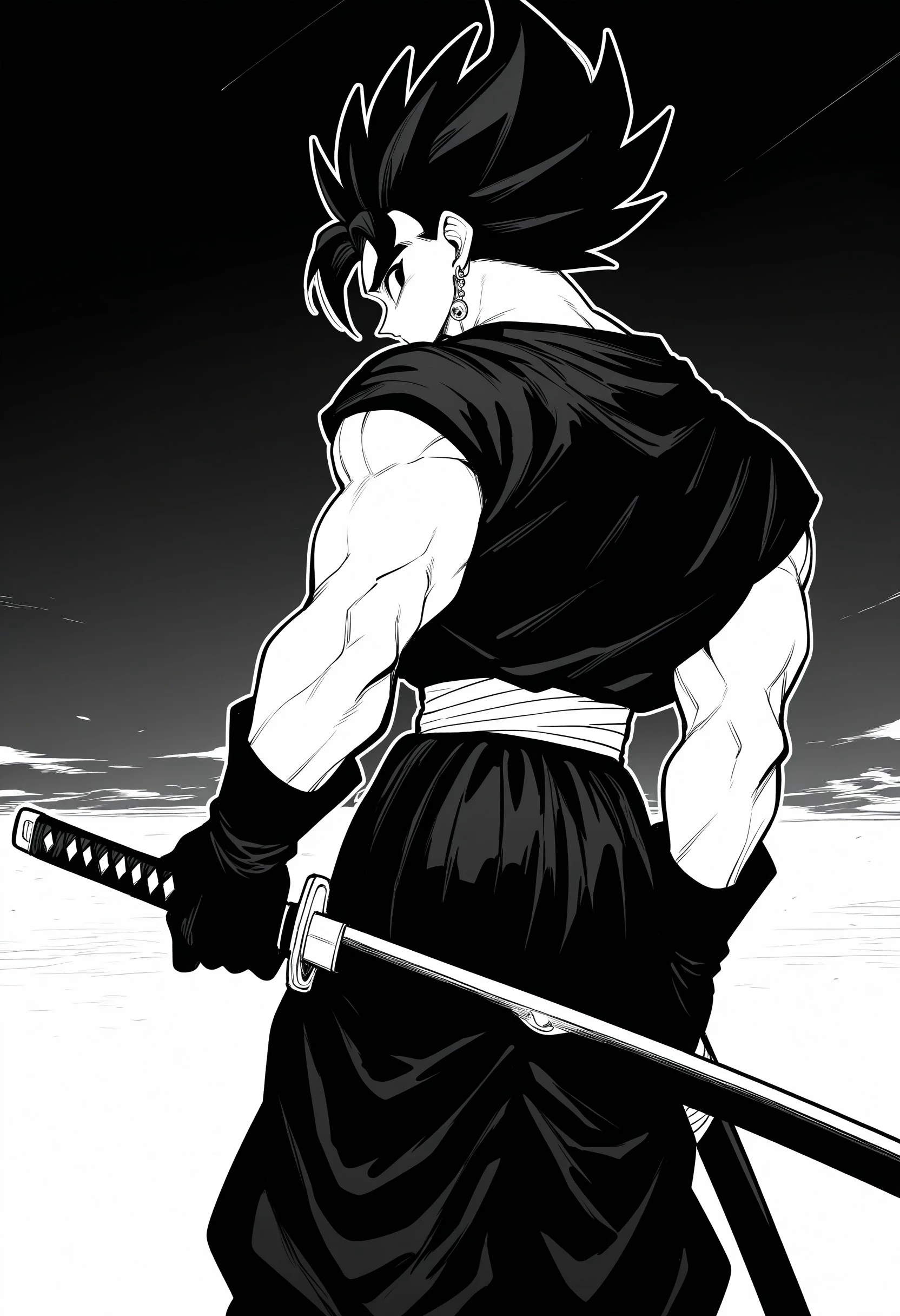 (masterpiece), best quality, expressive eyes, (best quality, ultra-high res), (intricate details), dynamic pose, (sharp focus), white background, night sky, dutch angle
1boy, vegetto, male_focus, greyscale, monochrome, weapon, solo, sword, black hair, spiked_hair, floating hair, katana, black gloves, earrings, holding, muscular_male, jewelry, muscular, holding_weapon, looking_at_viewer, holding_sword, black pants, shirt tucked in, black shirt, sheath, belt, potara earrings, from behind, looking back, facing away, floating clothes
by nanika /(nnkgh/), by nanika /(nnkgh/), , <lora:9ae4b06d-95ee-43cd-b9ce-61473040c875:0.9>