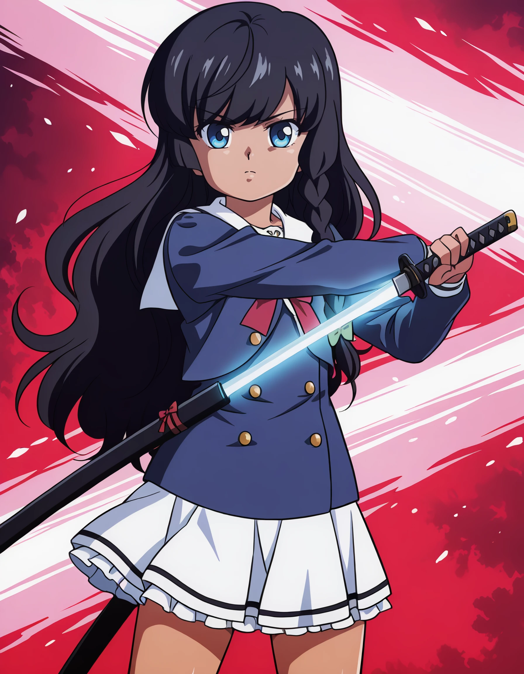 <lora:taiga_sengoku_IL:1> rating:safe, taiga_sengoku, flat_chest, dark_skin, long_hair, black_hair, single_braid, green_bow, hair_bow, blue_eyes, school_uniform, white_sailor_collar, blue_jacket, long_sleeves, red_bow, pleated_skirt, white_skirt, black_socks, black_footwear, 1girl, closed_mouth, feet_out_of_frame, glowing, glowing_sword, glowing_weapon, holding, holding_sword, holding_weapon, looking_at_viewer, red_background, serious, sheath, solo, sword, unsheathing, weapon, (takahashi_rumiko_\(style\):1.0), (1980s_\(style\)),, masterpiece, detailed, best_quality