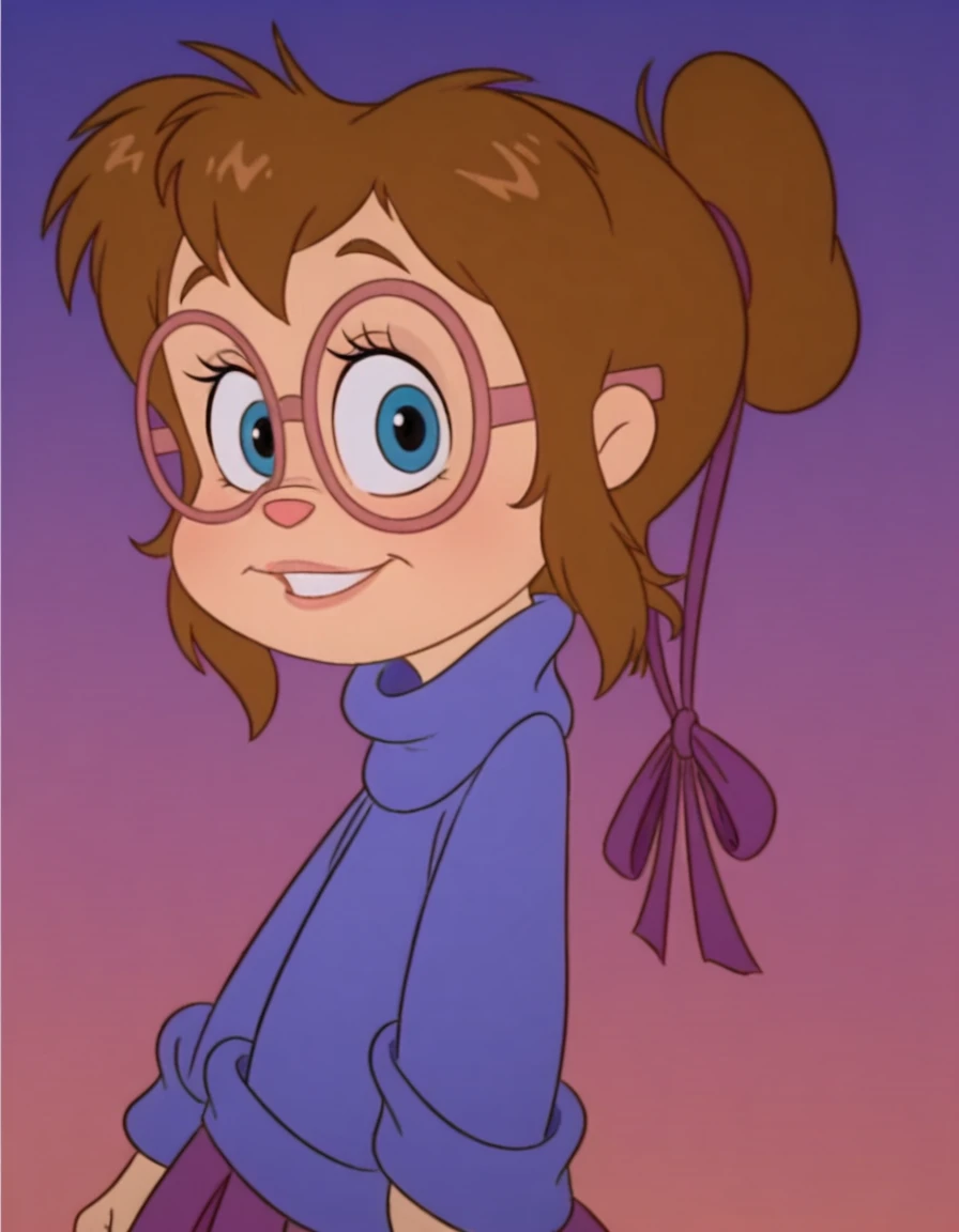 ,upper body, portrait, looking at viewer, simple background,  <lora:JeanetteMillerIllustrious1.0JLFO:1> jeanette, turtleneck sweater, brown hair, 1980s \(style\), 1girl, hair bun, glasses, solo, skirt, blue eyes, hair ribbon, smile