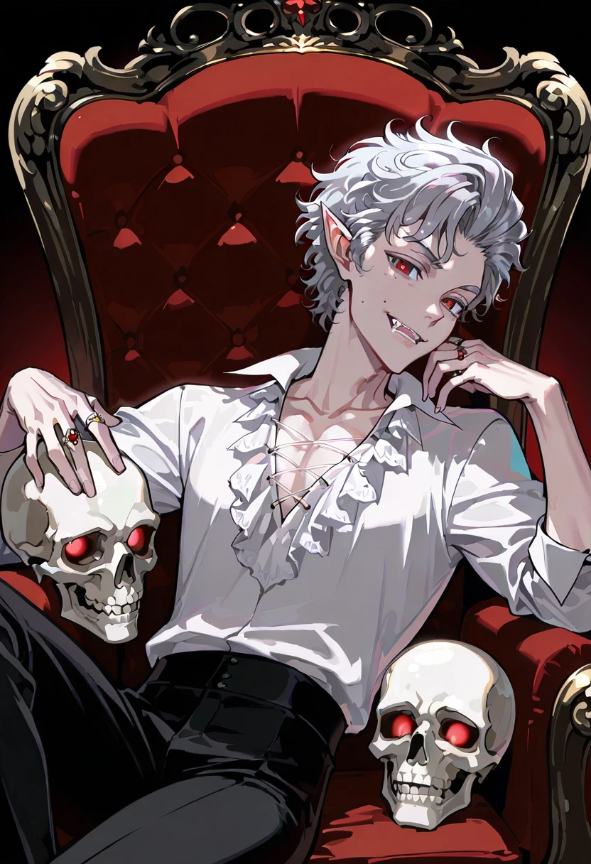 astarion, red eyes, 1boy, male focus, vampire, pointy ears, solo,  fangs, mole, sitting, skull, smile, ring, looking at viewer, grey hair, throne, pants, shirt,