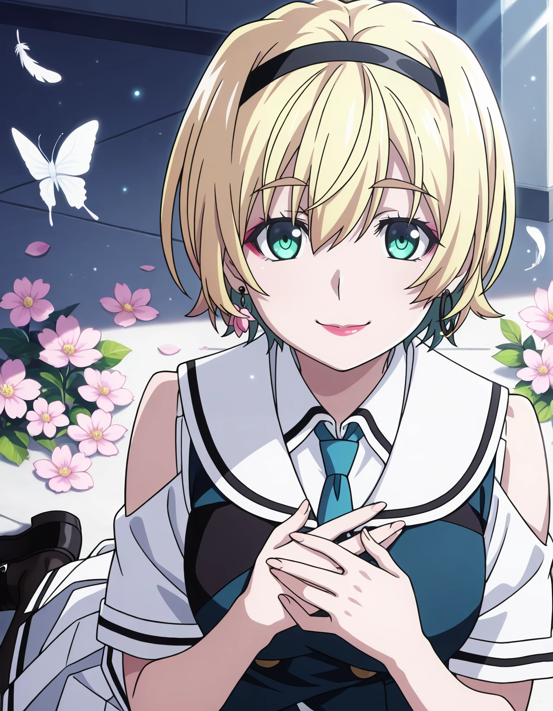 <lora:sakurako_kujirase_IL:1> rating:safe, sakurako_kujirase, short_hair, hairband, blonde_hair, hair_between_eyes, green_eyes, aqua_eyes, school_uniform, collared_shirt, white_shirt, blue_necktie, vest, short_sleeves, pleated_skirt, white_skirt, black_pantyhose, black_footwear, 1girl, bare_shoulders, bug, butterfly, closed_mouth, clothing_cutout, earrings, eyelashes, feather_earrings, feathers, fingernails, floating_earring, flower, gem, halterneck, hand_on_own_chest, hoop_earrings, jewelry, laurel_crown, lipstick, looking_at_viewer, makeup, mismatched_earrings, pink_flower, red_gemstone, red_lips, shoulder_cutout, smile, solo, upper_body, white_background, white_butterfly, backlighting, depth_of_field, light_particles, masterpiece, detailed, best_quality