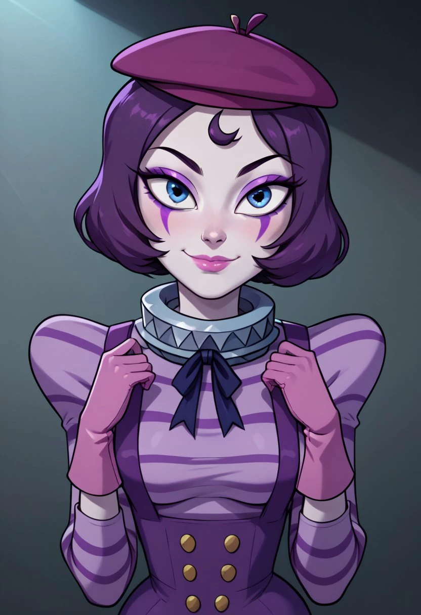 ((bedroom background)),score_9, score_8_up, score_7_up,score_6_up, 
1girl, Solo, Mimegirl_Svtfoe, white face paint, pale cream skin, grayish blue eyes, dark purple hair, short bob haircut, purple eyeliner, purple eyeshadow, pink lipstick, purple beret, purple striped lilac shirt with a ruffled collar, pink gloves, purple suspenders with four gold buttons, dark purple knee-high boots, big eyes, medium stature, social smile, sexy face, close-up, face photo, perfect eyes, perfect smile, looking at the viewer, big breasts, detailed eyes, perfect eyes