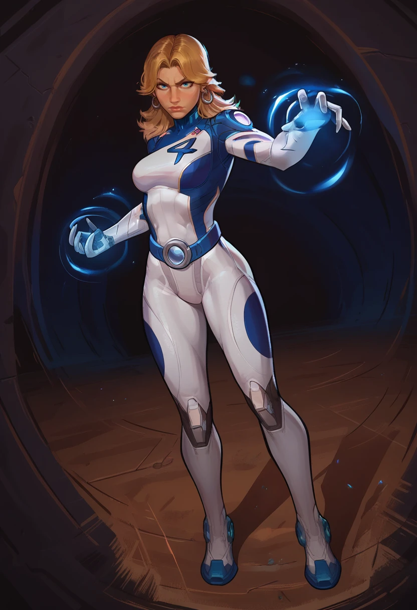 score_9, score_8_up, score_7_up, score_6_up, expressiveh, invisiblewoman_rivals, 1girl, solo, full body, blonde hair, long hair, eyeliner, blue eyes, earrings, bodysuit, white bodysuit, white clothes, gloves, belt, boots, blue details, looking at viewer, glowing hands, blue energy, detailed background, posing, dynamic angle, dynamic pose, godrays, dynamic light, dramatic light, action pose, dynamic, action scene, force field, fierce expression, futuristic facility, technology, indoors, <lora:Smooth Style 2 SDXL_LoRA_Pony Diffusion V6 XL:0.3> <lora:incase-ilff-v3-4:0.8> <lora:AsuraLycoXL:0.4>  <lora:Invisible_Woman_Marvel_Rivals_-_PonyXL:0.7>