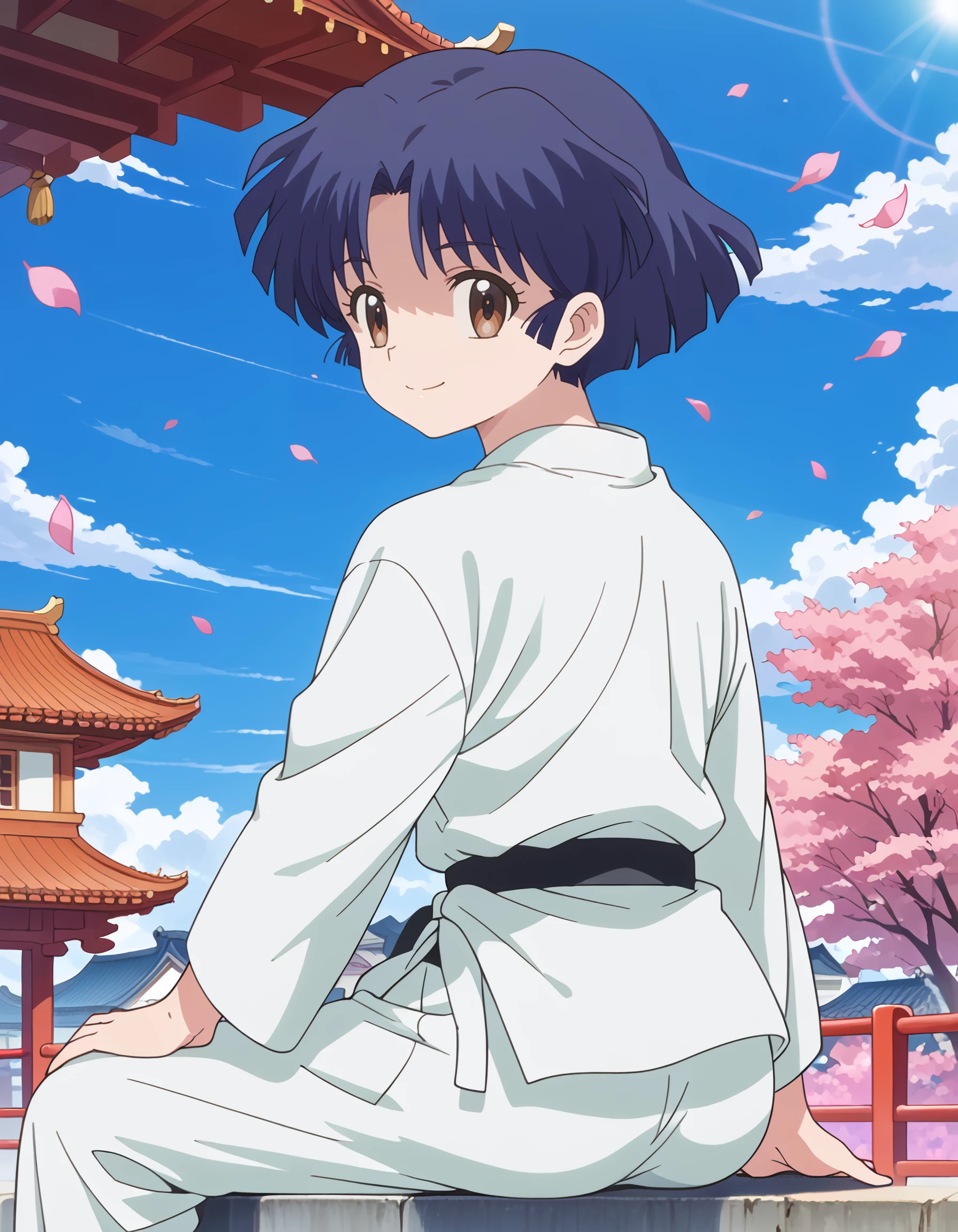 <lora:akane_tendou_pony:1> score_9, score_8_up, score_7_up, source_anime, rating:safe, akane_tendou, short_hair, blue_hair, brown_eyes, flat_chest, aged_down, karate_gi, martial_arts_belt, 1girl, architecture, ass, blue_sky, cherry_blossoms, closed_mouth, day, east_asian_architecture, looking_at_viewer, looking_back, mecha_musume, on_railing, outdoors, petals, railing, sitting, sky, smile, solo,, lens_flare, floating_hair, floating_clothes, (1990s_\(style\), masterpiece, detailed, best_quality