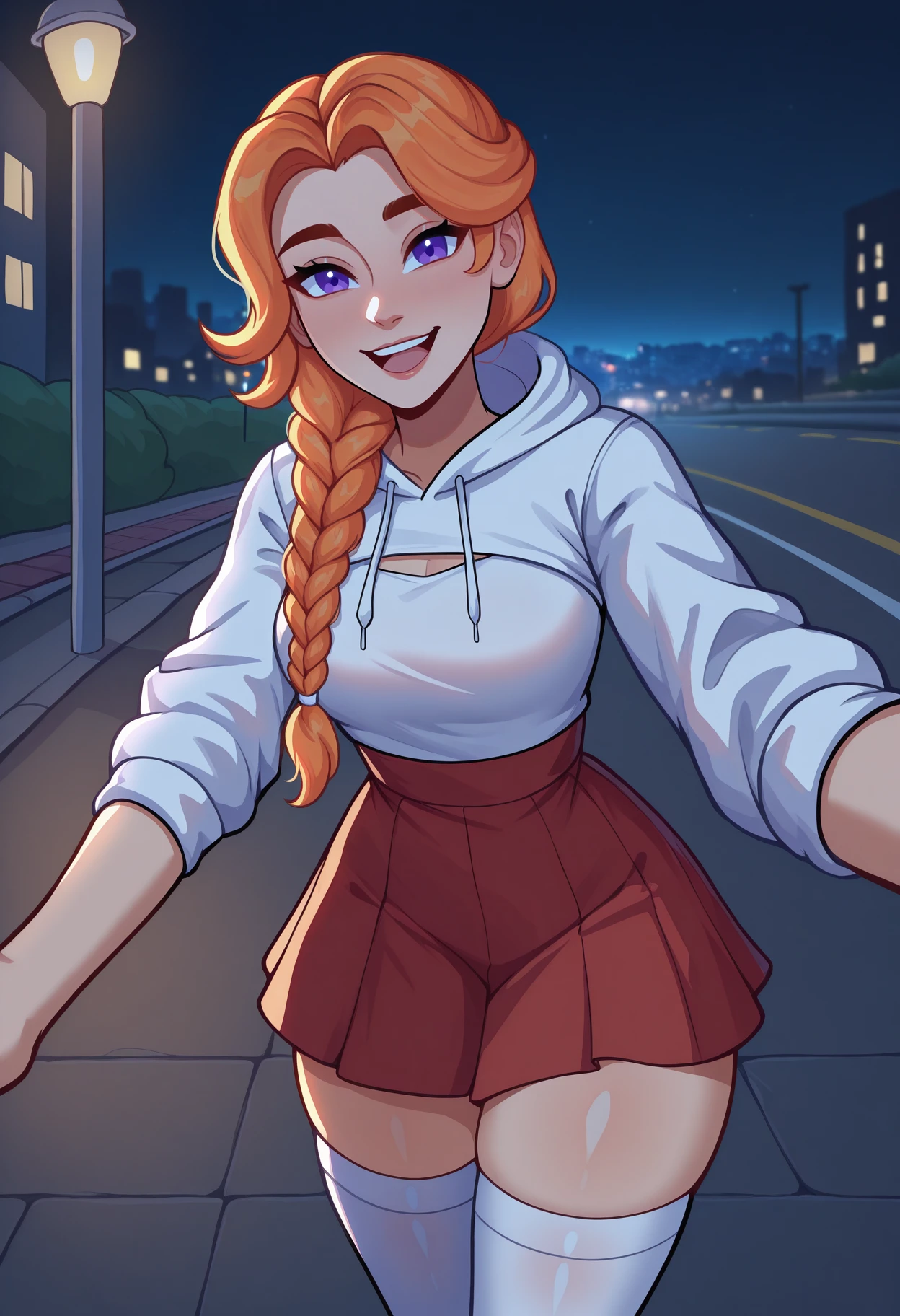masterpiece, best quality, newest, absurdres, highres, 1girl, solo, <lora:NSLeahStardew:1> NSLeahStardew, purple eyes, orange hair, long hair, single braid, front braid, white hoodie, white shirt, hoodie, white thighhighs, red skirt, night, outdoors, bus stop, city, street light, smile, shrug, happy, open mouth, reaching towards viewer