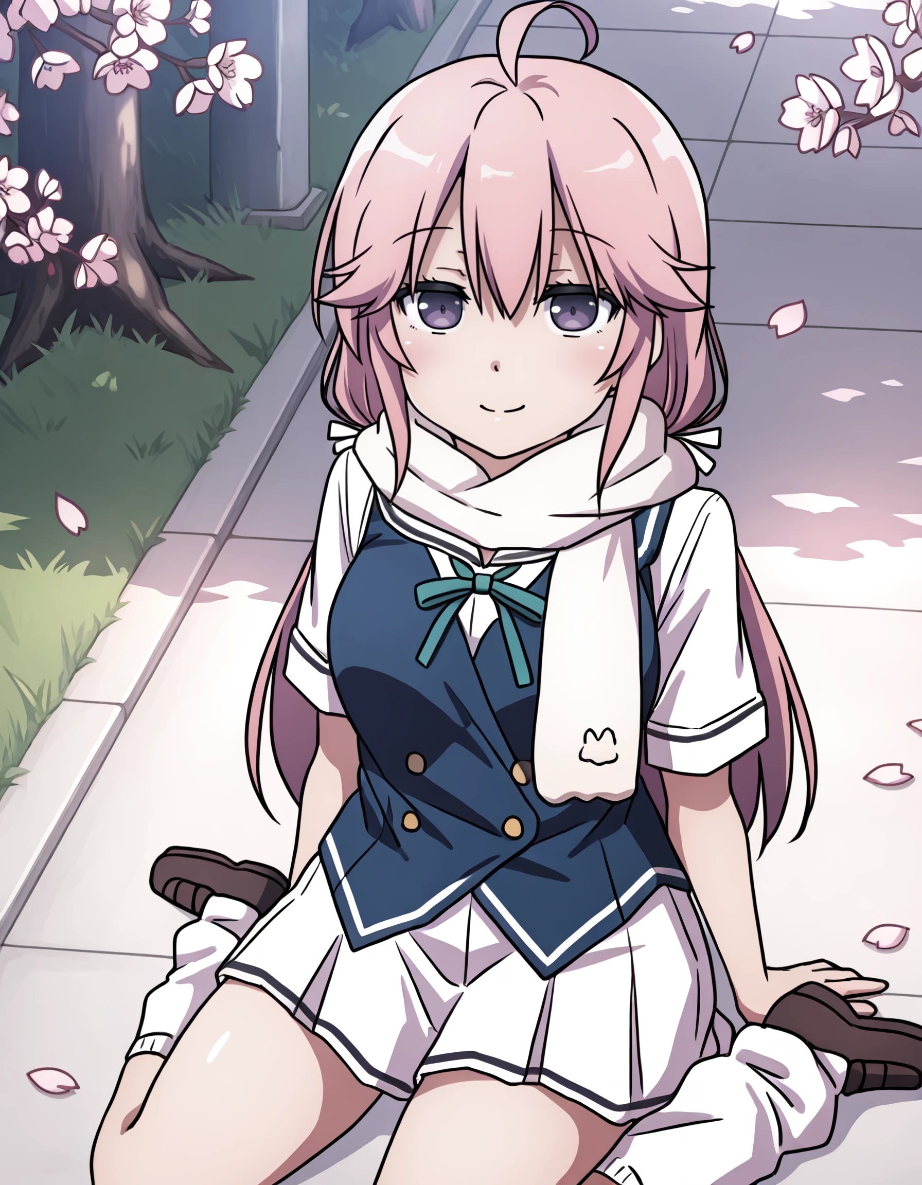 <lora:murasaki_ikoma_IL:1> rating:safe, murasaki_ikoma, pink_hair, ahoge, hair_between_eyes, purple_eyes, white_scarf, school_uniform, short_sleeves, white_shirt, vest, green_ribbon, white_skirt, pleated_skirt, loose_socks, shoes, 1girl, cherry_blossoms, closed_mouth, gold_trim, looking_at_viewer, smile, solo, (tsuruse:0.8, nori_tamago:0.8), masterpiece, detailed, best_quality