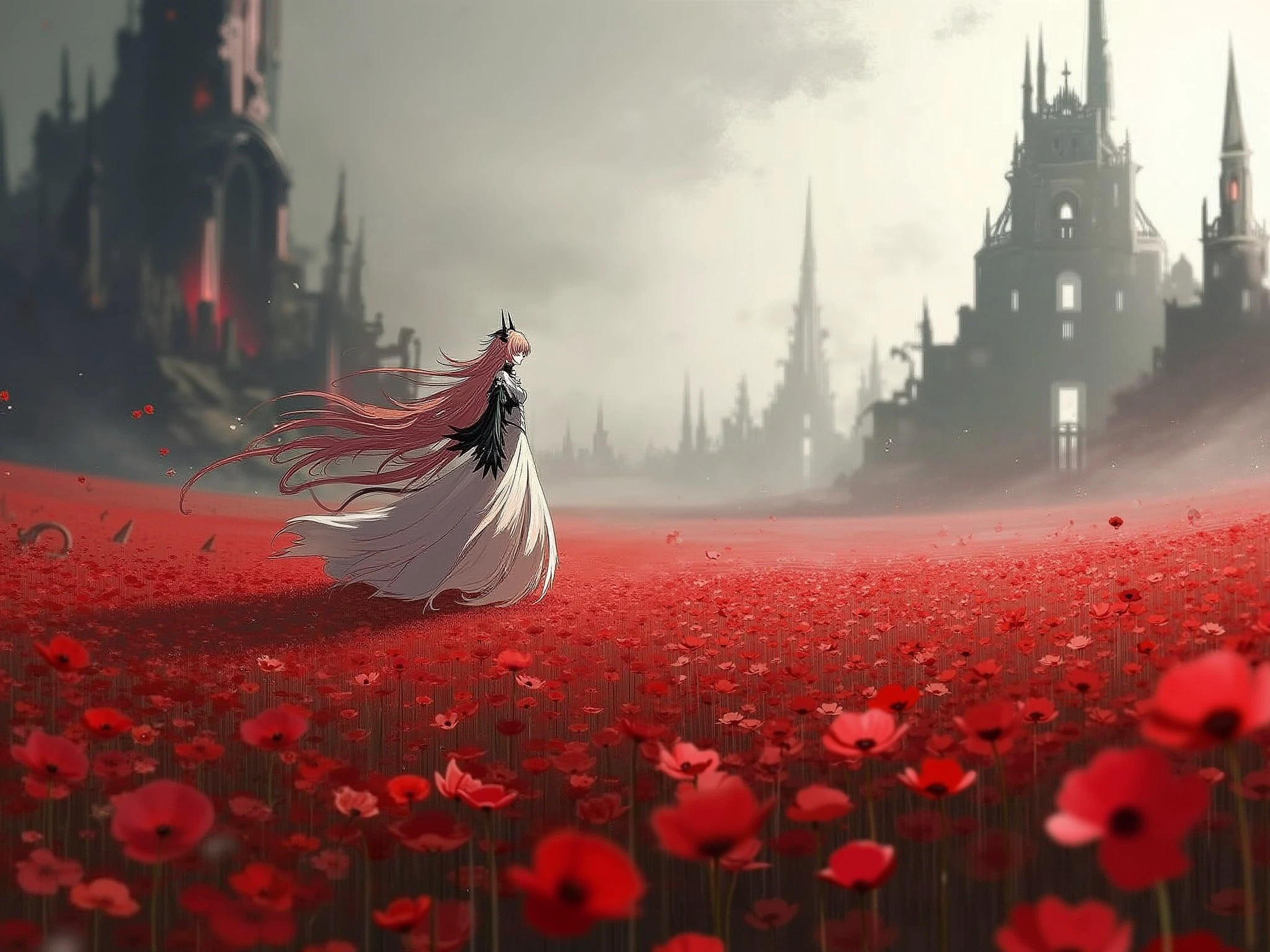 <lora:theresa-from-arknights-fluxv1:1.0> theresa
The scene features Theresa standing in the middle of a vast field of red poppies, her delicate figure almost blending into the sea of vibrant crimson flowers. She is positioned in the distance, her flowing white dress with black accents softly billowing in the faint, unnatural breeze. Her long, cascading hair shimmers faintly in the dim, colorless light. Theresa’s expression is melancholic, her piercing red eyes meeting the viewer as she offers a sorrowful, gentle smile, as if reflecting on a lost past.
The horizon is dominated by towering, jagged black crystals that pierce the sky, their sharp edges glowing faintly with an ominous energy. Among the crystals lie the ruins of a once-majestic city, its grand spires and arches now broken and forgotten. The landscape speaks of desolation and tragedy.
Above, the sky is an eerie void—featureless and devoid of stars, sun, or moon. The light is cold and unnatural, casting long, faint shadows across the field of poppies and the ruins in the distance. The lack of a proper sky creates a surreal, haunting atmosphere, as if the world itself is fractured and incomplete.
Style:
A blend of surrealism and gothic fantasy, with rich detailing in the poppy field and the hauntingly sharp textures of the black crystals. The muted colors of the background contrast with the vibrant red of the poppies, creating a striking visual dichotomy.
Camera effects:
The camera is positioned far away, focusing on the wide landscape, with Theresa appearing small yet distinct within the scene. The soft focus on the background highlights the eerie ruins and black crystals, while Theresa remains the subtle focal point, her figure and expression conveying the emotional weight of the scene.