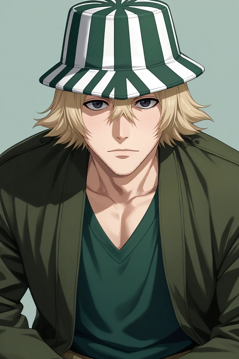 score_9, score_8_up, score_7_up, source_anime, rating_safe, intricate details, (photorealistic:0.6), looking at viewer, 1boy, solo, male focus, <lora:kisuke_urahara_pony:0.98>, kisuke_urahara, blonde hair, black eyes, short hair, hair between eyes, facial hair, stubble, hat, , Cargo pants, Striped crew neck sweater, Slip-on shoes, ,, <lora:sdxl_lightning_8step_lora:1>