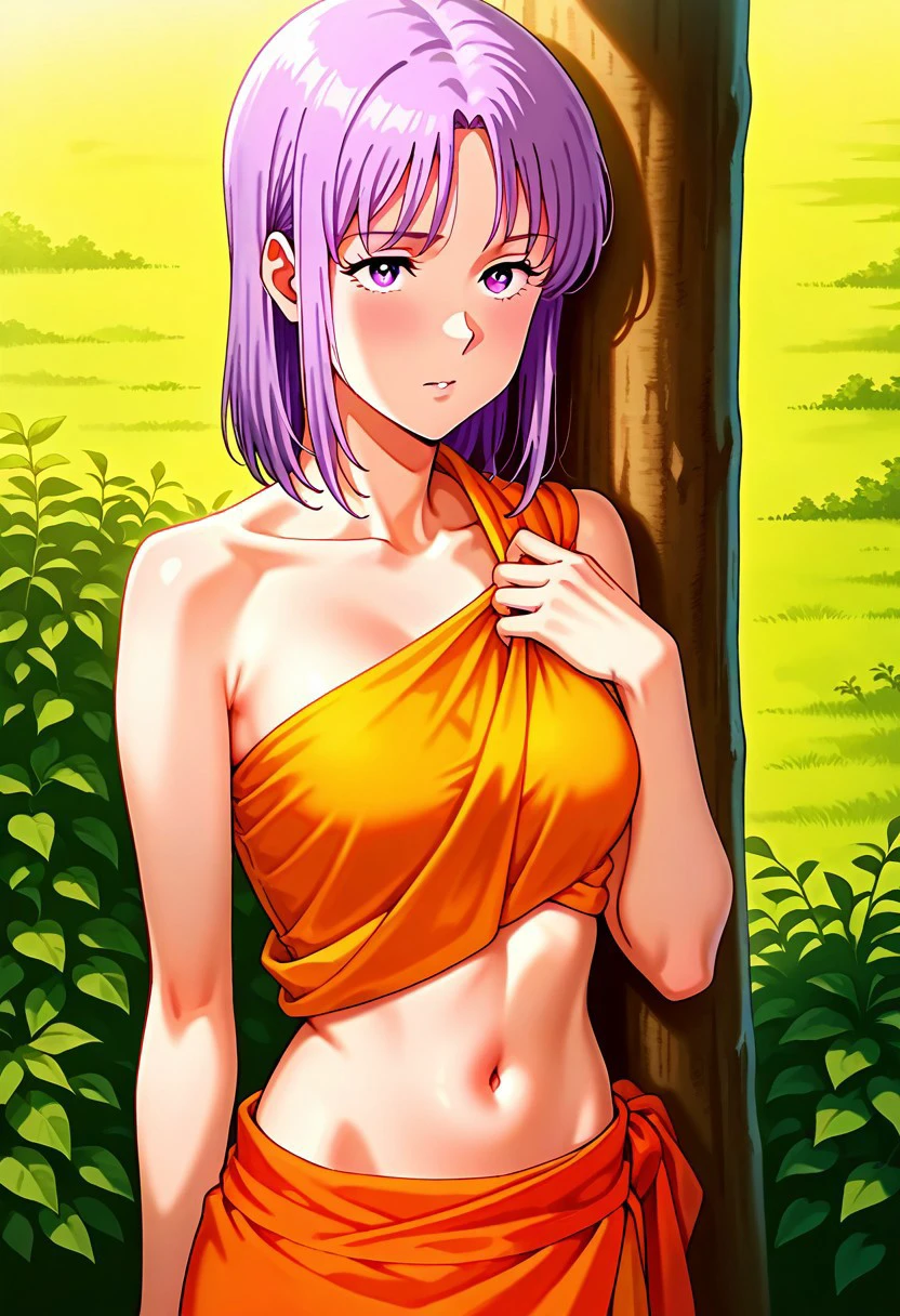 masterpiece, best quality, good quality, yurii ajissah, purple hair, medium hair, purple eyes, orange long india cloth, outside, navel