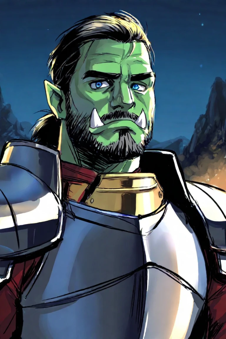 masterpiece, best quality, highres, newest, sketch, 1boy, solo, male focus, mature male, orc, colored skin, green skin, tusks, blue eyes, medium hair, black hair, hair slicked back, ponytail, facial hair, beard, mustache, looking at viewer, full armor, shoulder armor, breastplate, pauldrons, upper body, closed mouth, standing, outdoors, mountain, night, night sky, dark background <lora:Sketch Illustration [LoRA] - Illustrious-XL v0.1:0.8>