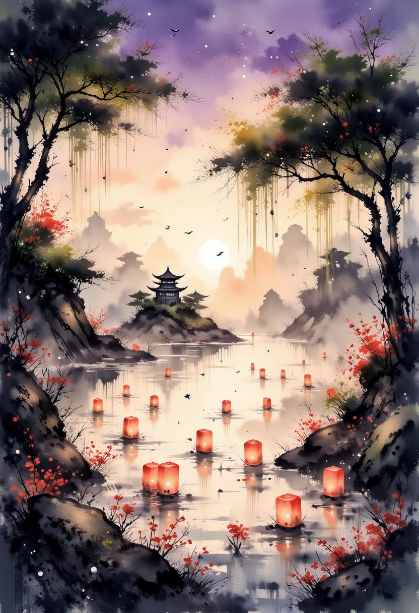 A tranquil lake glows softly as hundreds of floating lanterns drift across its surface, their delicate light reflecting in the still, mirror-like water. Surrounding the lake, ink-drawn willow trees with long, sweeping branches frame the scene, their leaves painted in soft watercolor hues of deep green and gold. In the distance, a small, intricately detailed pagoda sits on an island, illuminated by a faint, magical glow. The sky above transitions from rich watercolor purples to soft oranges and pinks, as the last light of day fades into the evening. Gentle ripples in the water, stirred by an unseen breeze, create a sense of serene movement amidst the glowing lanterns.