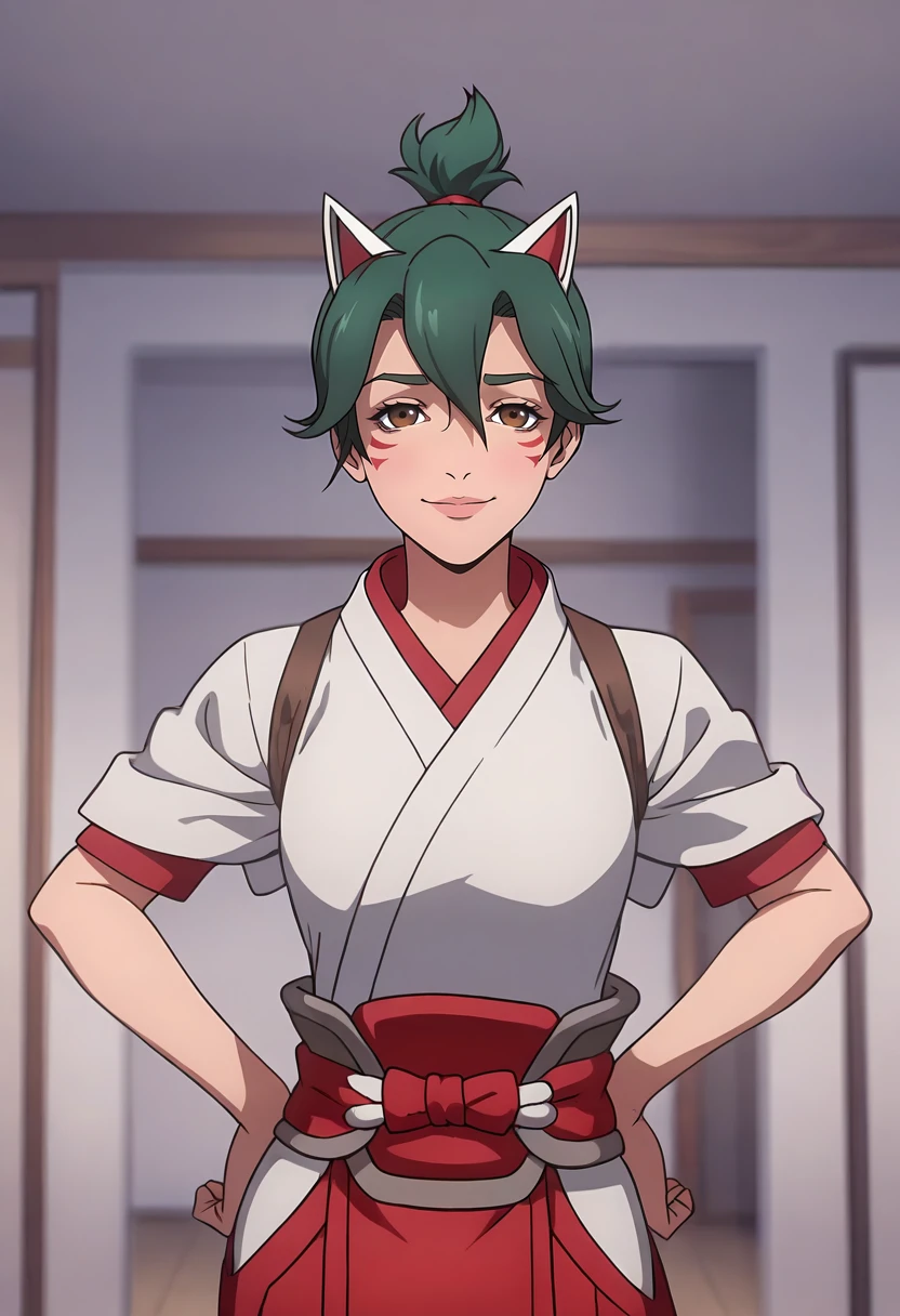 masterpiece, best quality, amazing quality, very aesthetic, intricate details, depth of field, cel shading, pinup, BREAK.
indoors, inside,
(looking at viewer:1.3), smug,
BREAK.
standing, contrapposto, hands on own hips,
portrait, cowboy shot, front view, facing viewer, straight-on,
BREAK.
kiriko \(overwatch\), 1girl, solo, brown eyes, green hair, short hair, topknot, hair between eyes, facial markings, red fox mask, BREAK.,
<lora:Castlevania(Netflix)_ILXL_Style_v1:1>