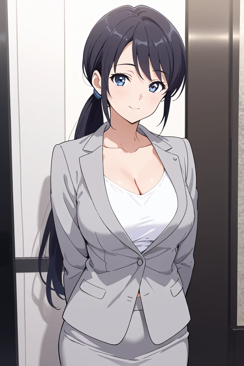 ameku mazuru, 1girl, solo, long hair, looking at viewer, smile, bangs, blue eyes, skirt,hotel lobby, shirt, black hair, long sleeves, jewelry, closed mouth, standing, jacket, cowboy shot, white shirt, ponytail, miniskirt, formal, suit,  grey skirt, pencil skirt, grey jacket, office lady, skirt suit, large breast, cleavage , collarbone,  <lora:Ameku_Mazuru_ATSK_Illus:1>  <lora:HandFixer_pdxl_Incrs_v1:1> make up,