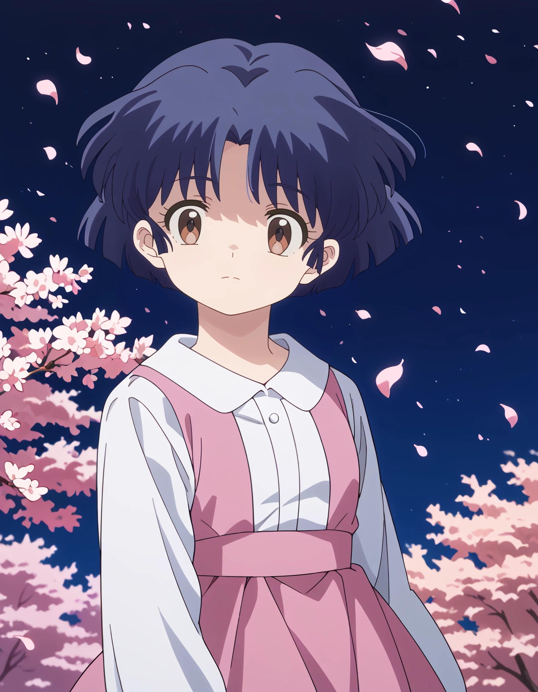 <lora:akane_tendou_pony:1> score_9, score_8_up, score_7_up, source_anime, rating:safe, akane_tendou, short_hair, blue_hair, brown_eyes, flat_chest, aged_down, pink_dress, white_shirt, dress_shirt, 1girl, blurry, blurry_background, cherry_blossoms, close-up, closed_mouth, falling_petals, from_side, gradient_background, head_tilt, outdoors, petals, purple_background, solo,, backlighting, depth_of_field, light_particles, (1990s_\(style\), masterpiece, detailed, best_quality