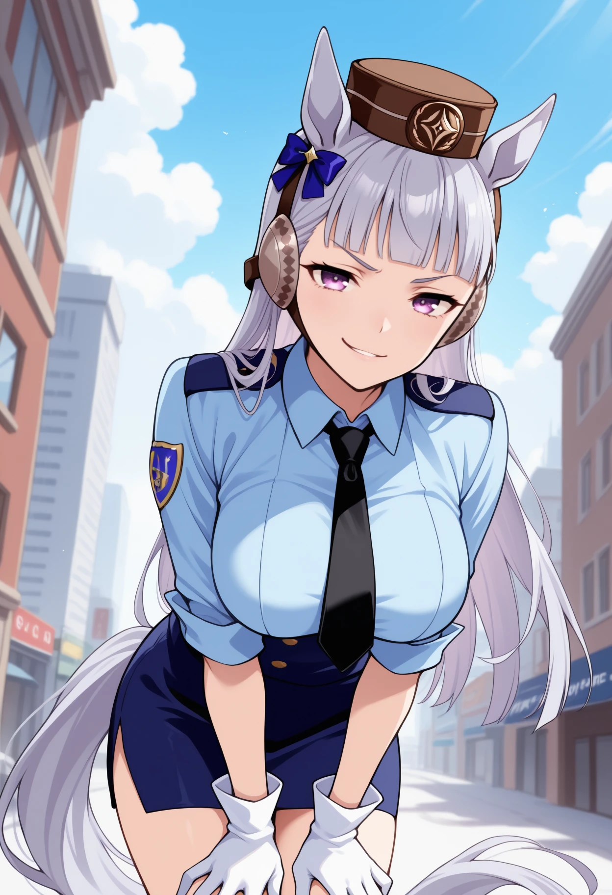 masterpiece, best quality, solo, 1girl, gdspdef, horse tail, smirk, looking at viewer, standing, leaning forward, hands on own thighs, long hair, grey hair, blunt bangs, brown headwear, pillbox hat, animal ears, ear bow, purple eyes, police uniform, blue shirt, collared shirt, black necktie, badge, sleeves rolled up, white gloves, blue skirt, pencil skirt, side slit, , outdoors, blue sky, cloud, city street
<segment:yolo-Anzhc Face seg 640 v2 y8n.pt,0.4,0.5//cid=1>