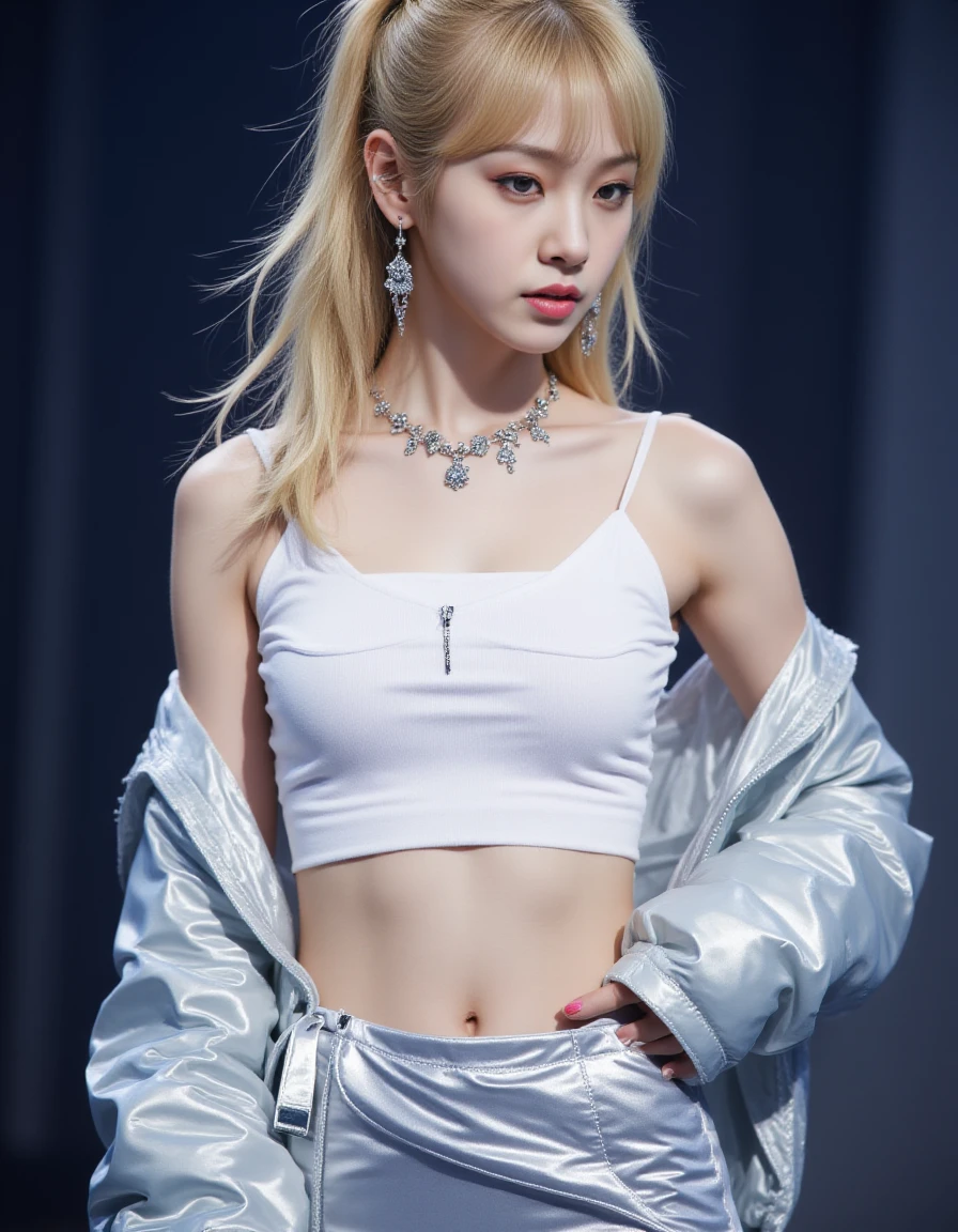 detailed photo of a young woman.  kpop girl posing sexy on stage. She has black long ponytail hair without bangs.  <lora:cw-easy-flux-000012:1> cweasy, silver jacket and skirt.   <lora:KimYeon-Flux:1> young asian girl, skinny body, long blonde hair,