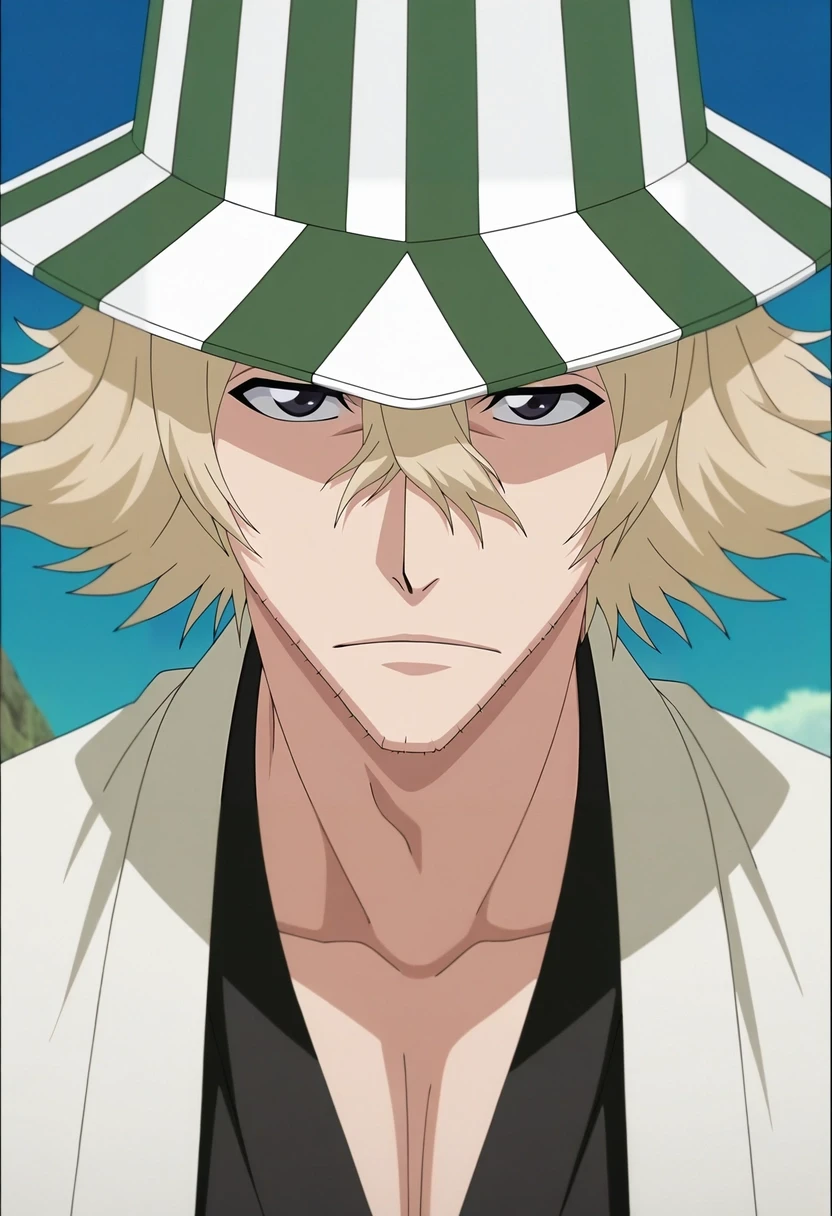 masterpiece, best quality, , anime screencap, anime coloring, official style, , 1boy, solo, male focus, <lora:kisuke_urahara_ilxl:0.94>, kisuke_urahara, blonde hair, black eyes, short hair, hair between eyes, facial hair, stubble, hat, , ,