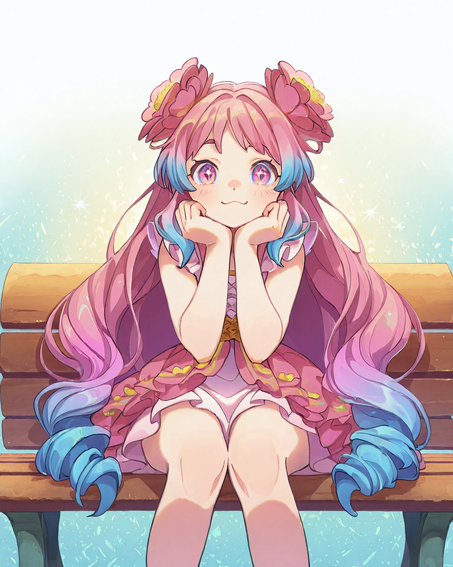1girl, magal, blue and pink gradient hair, hands on own cheeks, sitting, :3, pretty bench, coiling flowers, sparkling eyes, very detailed clothing, magal clothing, jacquard fabric, masterpiece, highest quality, absurdres, digital art, very detailed, <lora:MagicalGirl_Illustrious:1.1>, <lora:Midnight1111_H34RTBL00M:1> h34rtbl00m